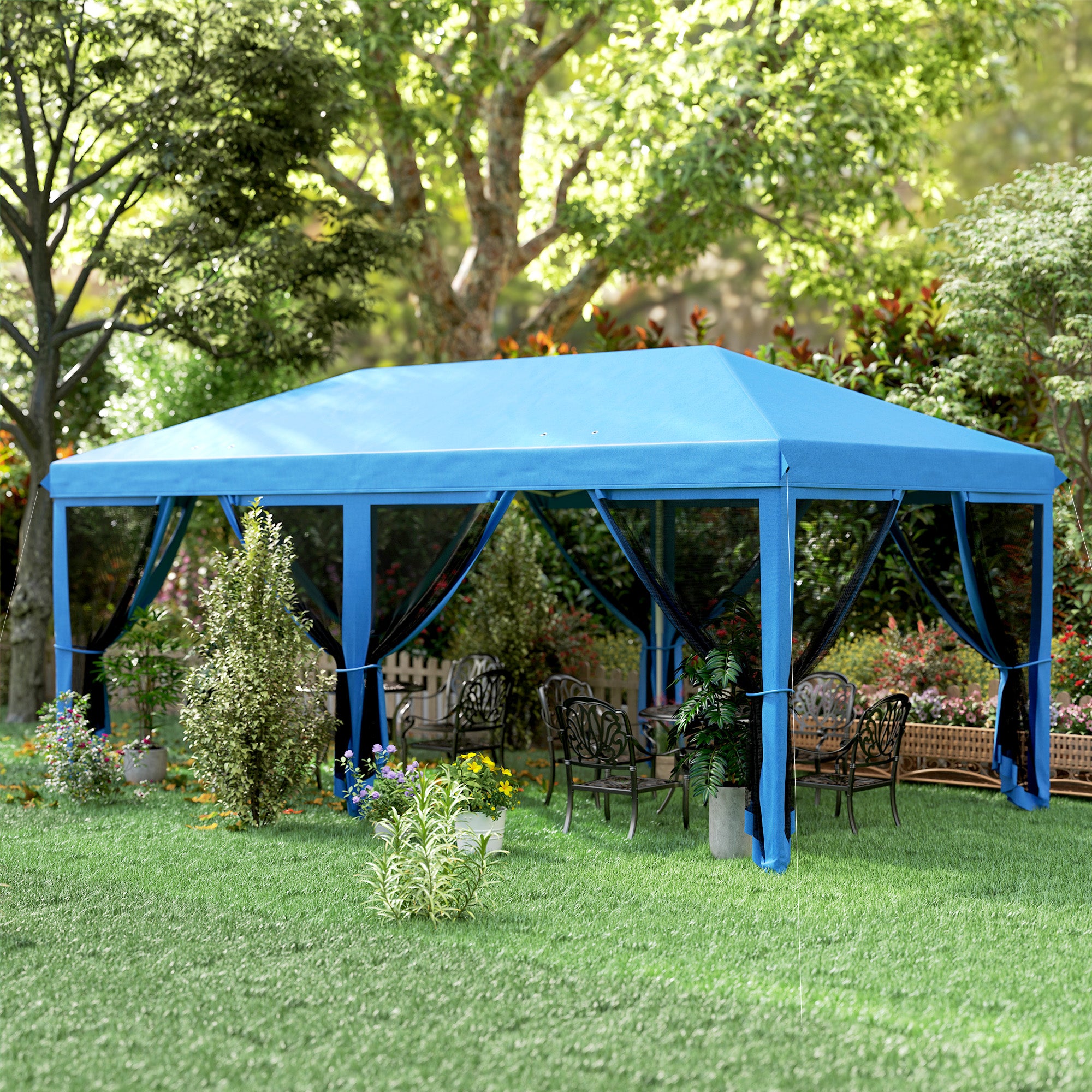 Outsunny 3 x 6m Pop Up Gazebo, Outdoor Canopy Shelter, Marquee Party Wedding Tent with 6 Mesh Walls and Carry Bag, Blue - North Peak Garden Furniture