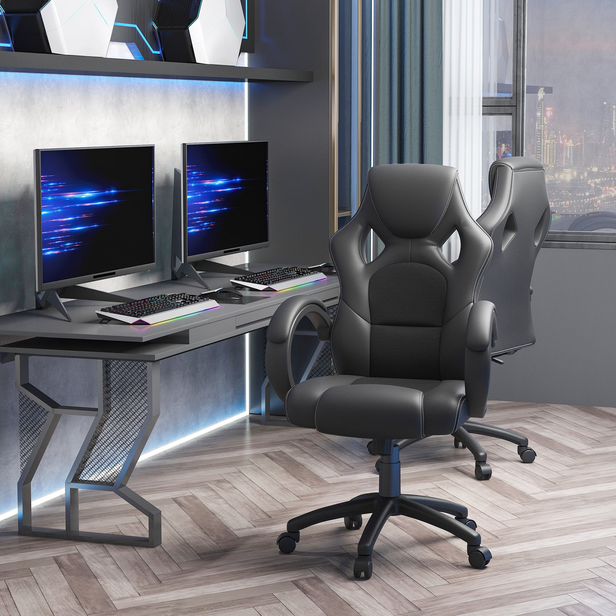 Vinsetto High-Back Office Chair Faux Leather Swivel Computer Desk Chair for Home Office with Wheels Armrests Black - North Peak Garden Furniture