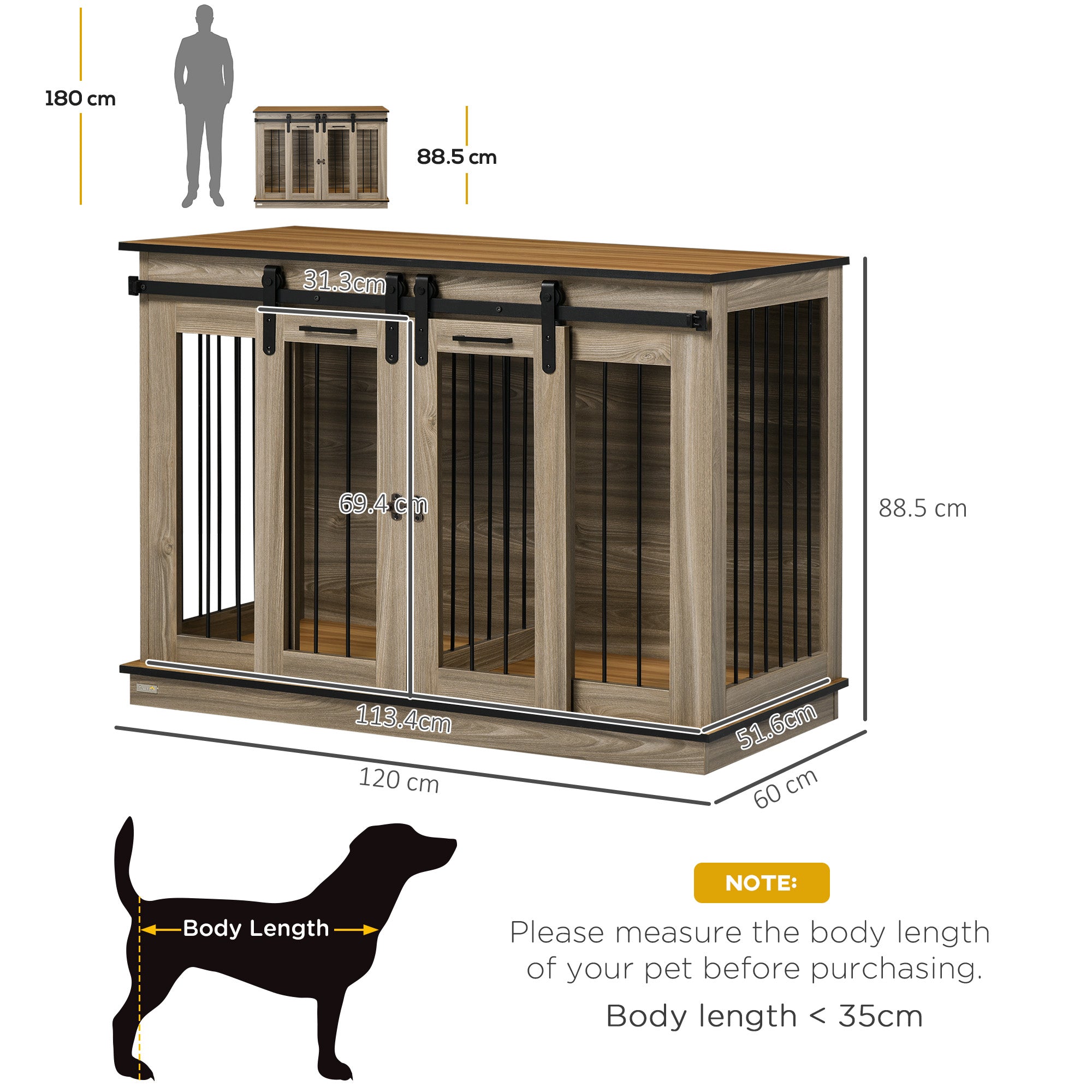 PawHut Dog Crate Furniture for Large Dogs, Double Dog Cage for Small Dogs, with Sliding Doors - Oak Tone