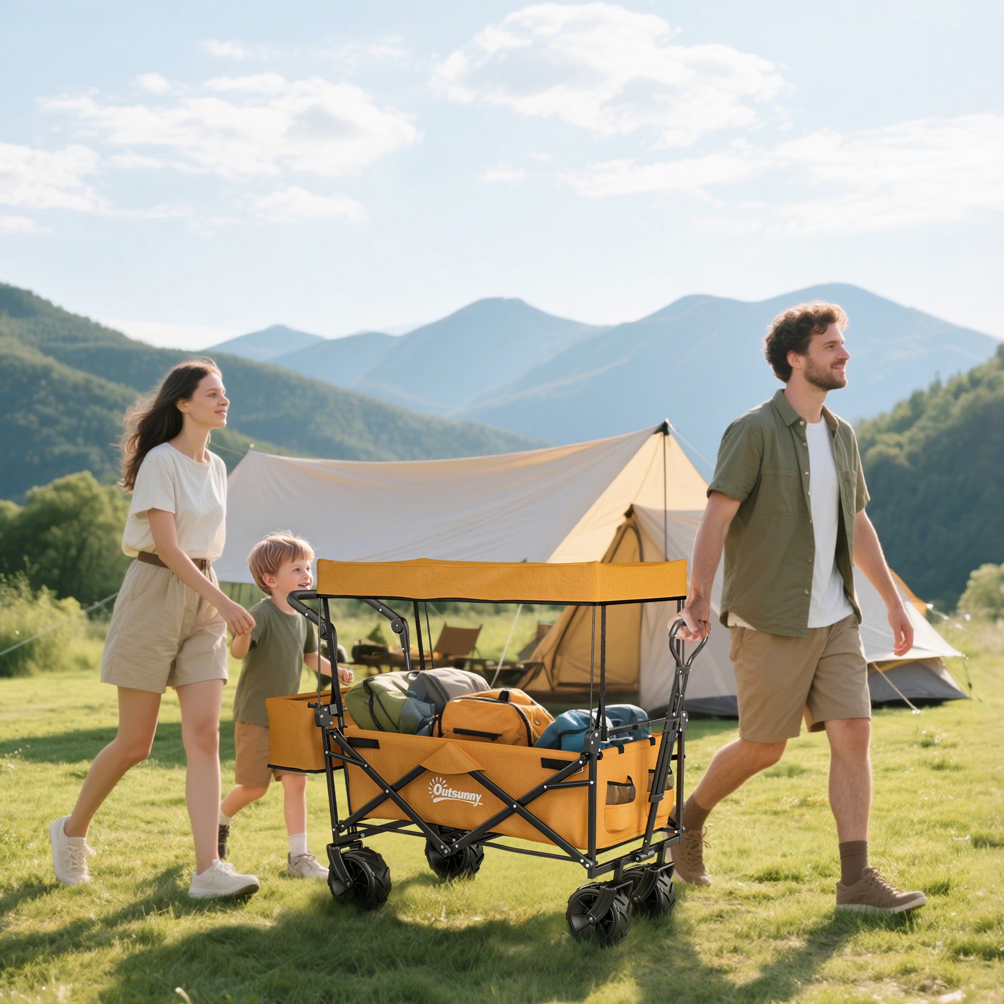 Outsunny Folding Trolley Cart Storage Wagon Beach Trailer 4 Wheels with Handle Overhead Canopy Cart Push Pull For Shopping Camping, Orange