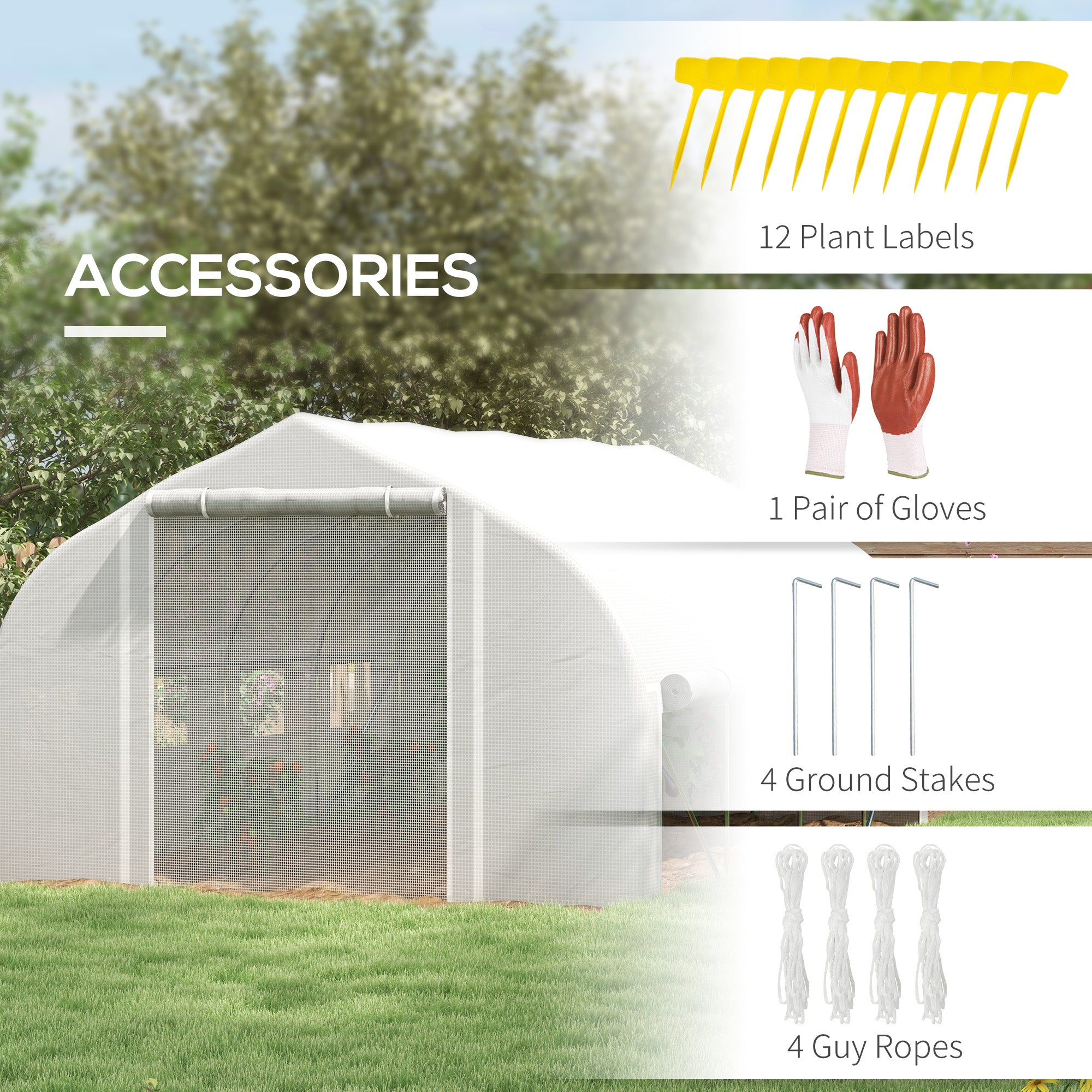 Outsunny 4 x 3(m) Walk-in Polytunnel Greenhouse, Zipped Roll Up Sidewalls, Mesh Door, 8 Mesh Windows, Tunnel Warm House Tent with PE Cover, Complimentary Plant Labels and Gloves, White - North Peak Garden Furniture