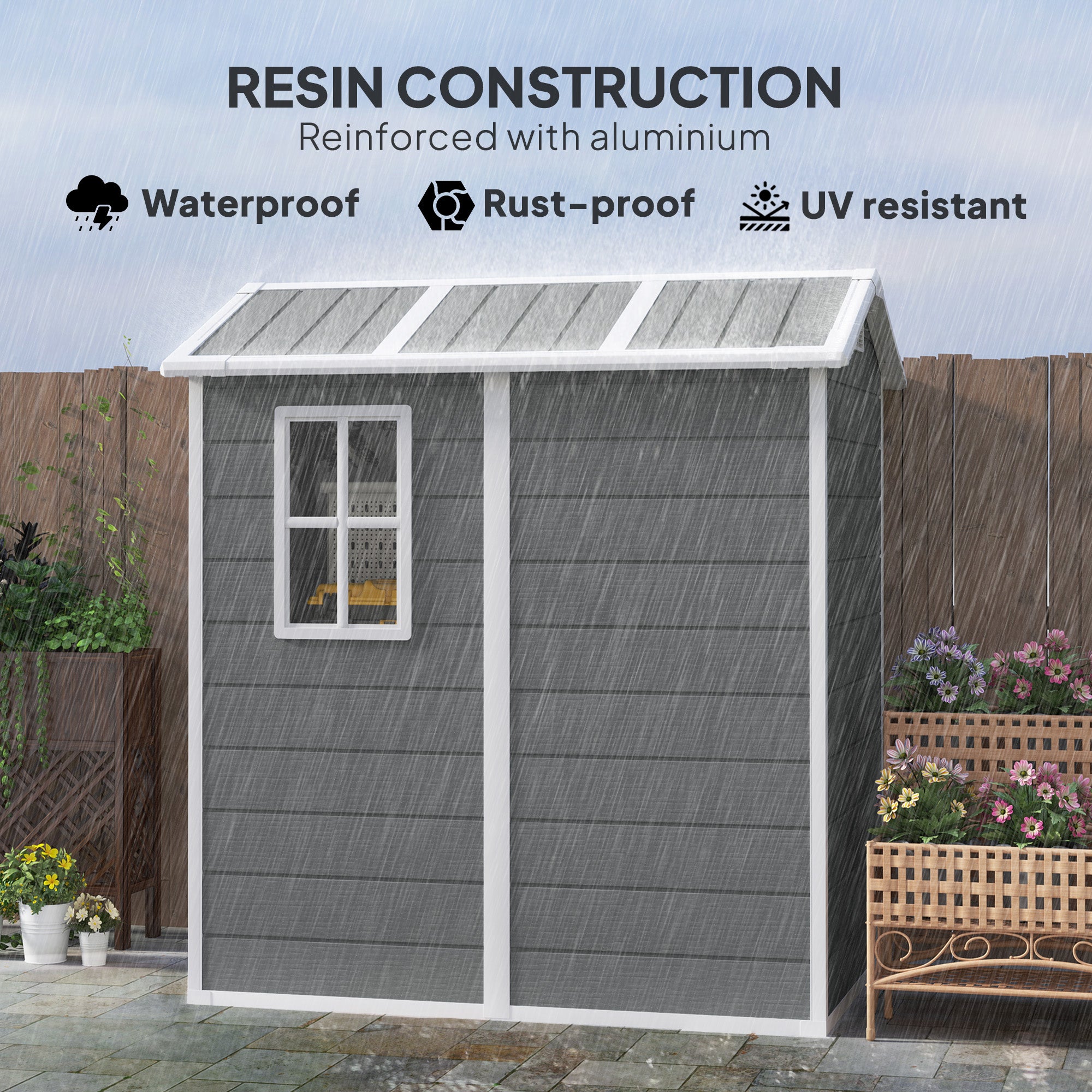 Outsunny 4 x 6ft Garden Shed, Plastic Shed with Floor, Window, Lockable Door and Vents, Resin Tool Shed for Outdoor Patio Storage, Zero Maintenance, Grey - North Peak Garden Furniture