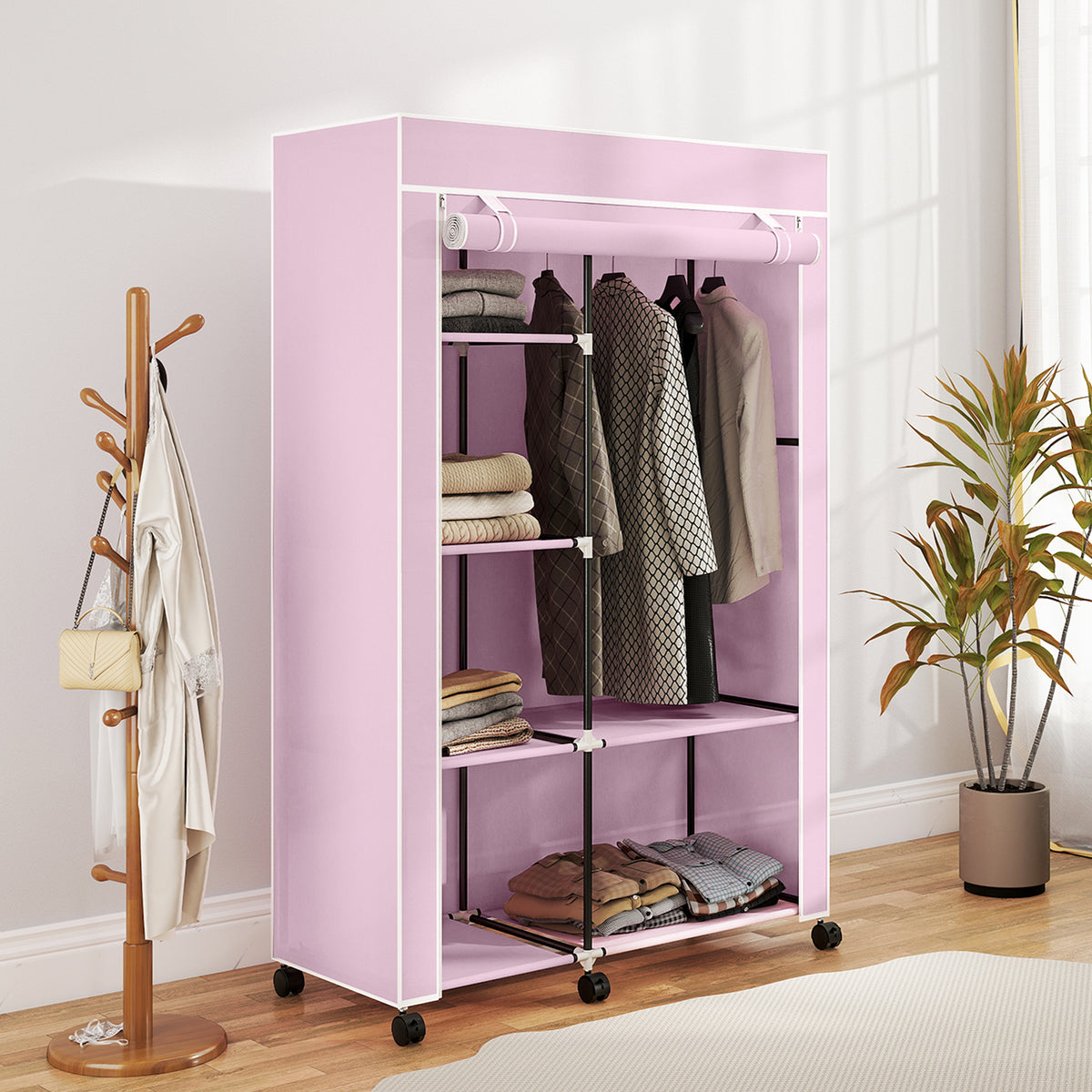 HOMCOM Fabric Wardrobe w/ Shelves Hanging Rail Foldable Wardrobe Pink