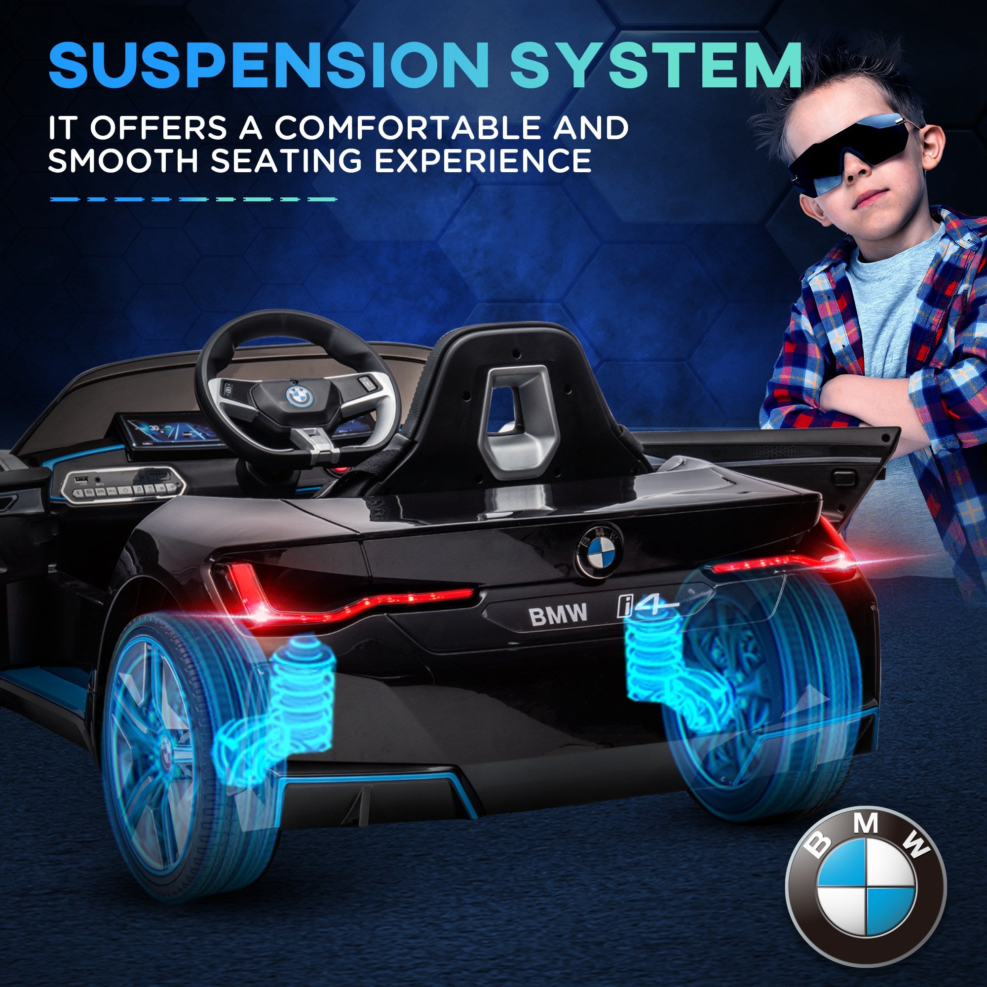 HOMCOM BMW i4 Licensed 12V Kids Electric Ride-On Car, with Remote Control, Portable Battery, Music, Horn, Headlights - Black - North Peak Garden Furniture