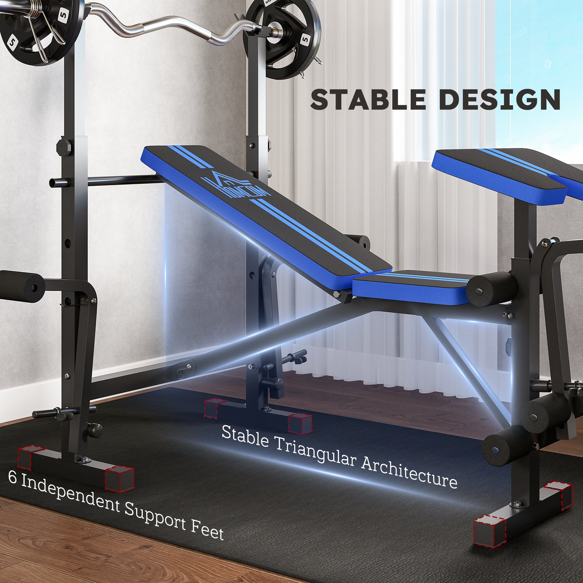 HOMCOM Adjustable Weight Bench with Leg Developer Barbell Rack for Weight Lifting and Strength Training Multifunctional Workout Station for Home Gym Fitness, Blue - North Peak Garden Furniture