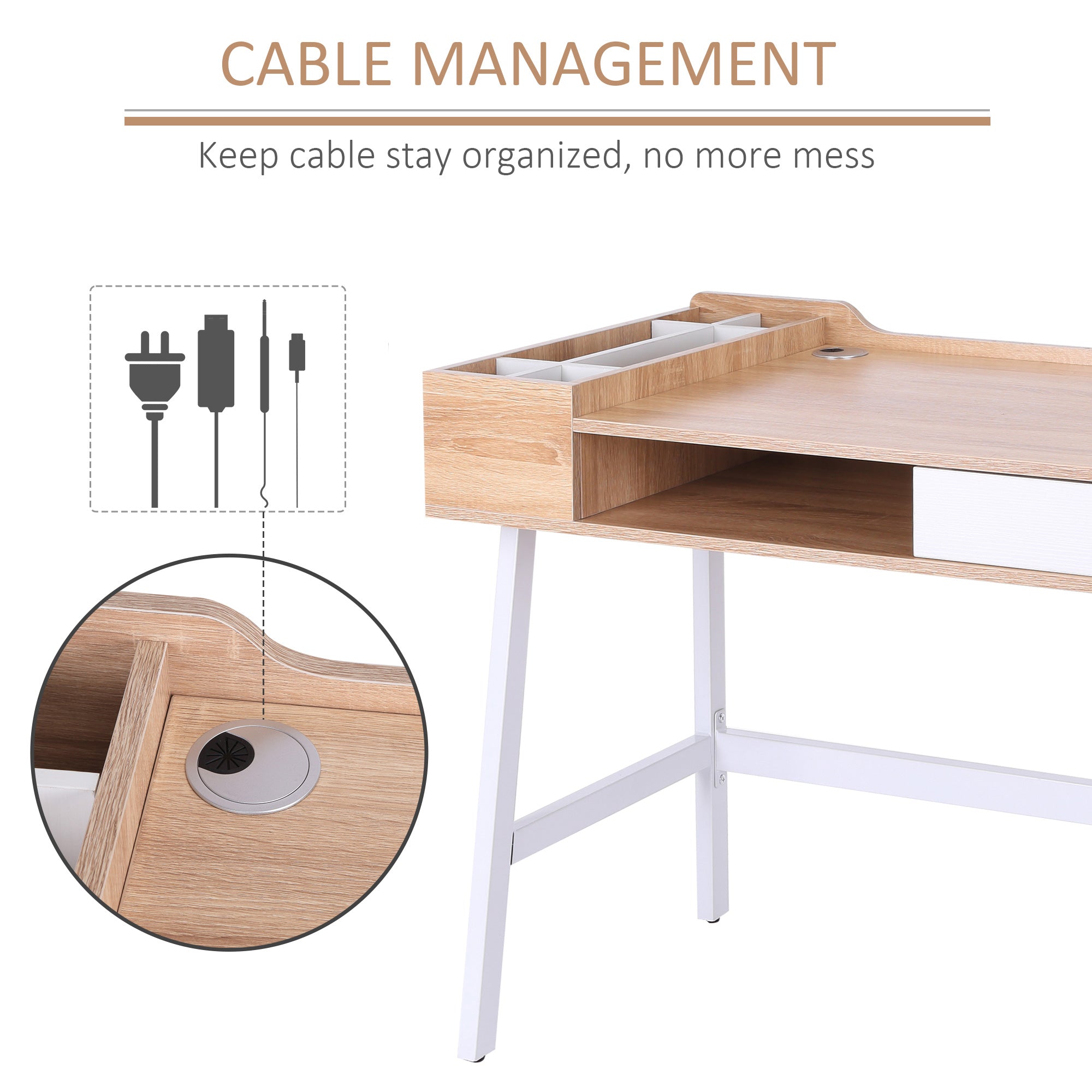 HOMCOM Computer Desk, Writing Desk, Study Workstation with Drawer, Storage Compartments, Cable Management, Laptop Table, Metal Frame, 100 x 55 x 81.5cm, Oak and White - North Peak Garden Furniture