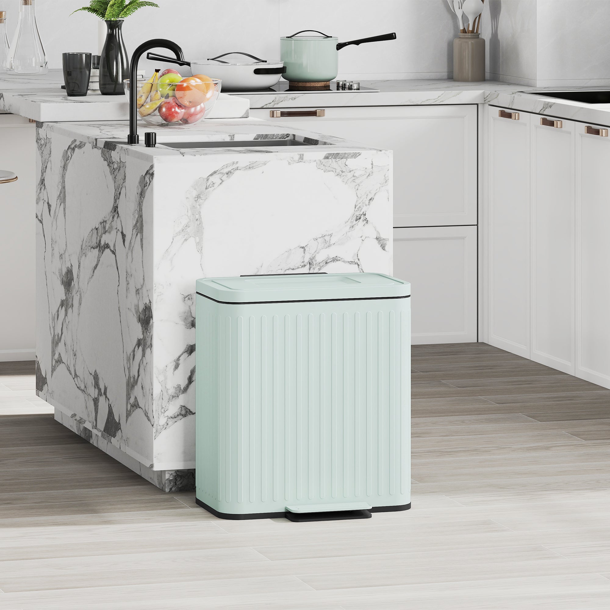 HOMCOM Dual Kitchen Bin, 2 x 20L Double Bin for Recycling and Waste, Fingerprint-proof Pedal Bin with Soft-Close Lid, Removable Inner Buckets, Light Green - North Peak Garden Furniture