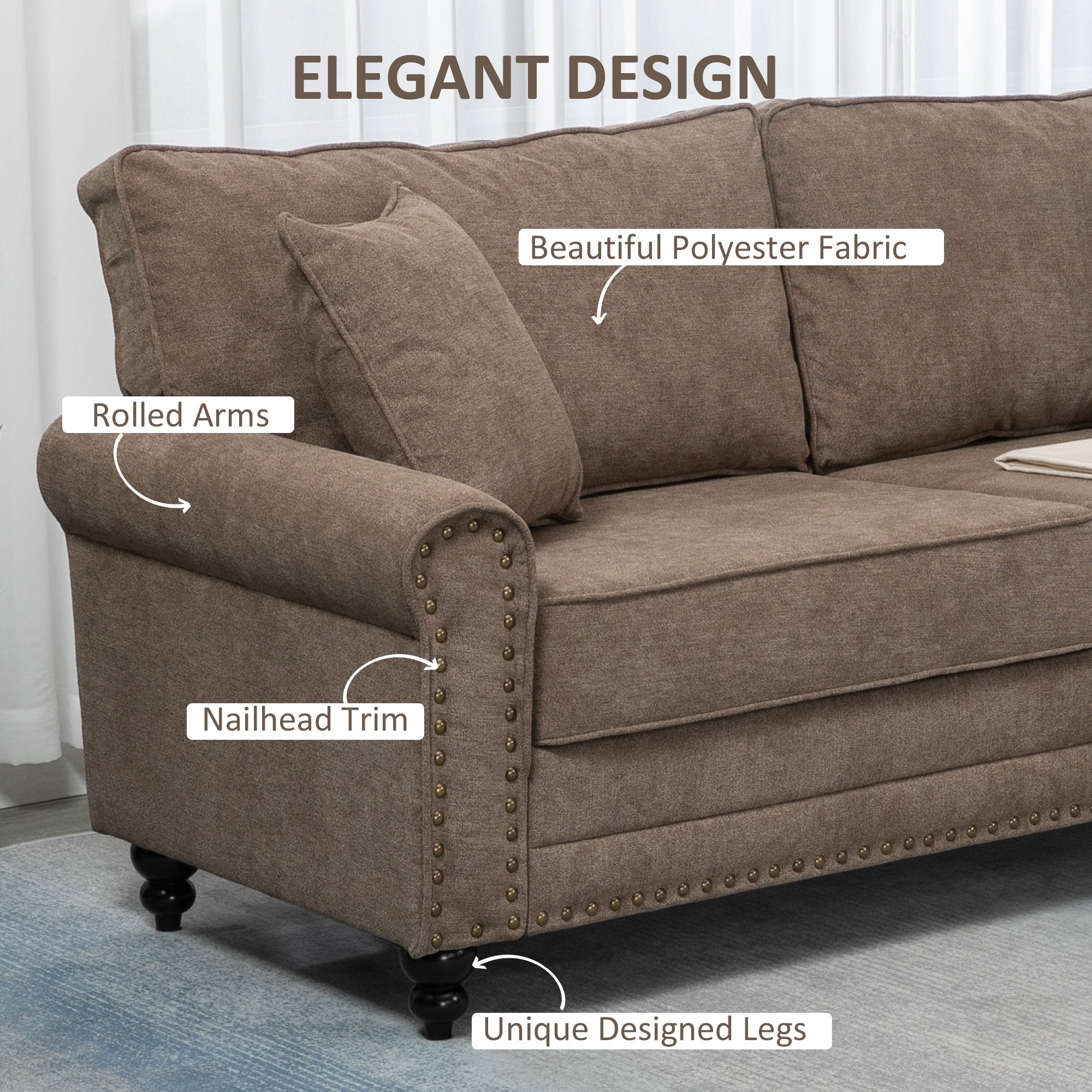 HOMCOM 3 Seater Sofas for Living Room, Fabric Sofa with Nailhead Trim, Cushions and Pillows, Brown - North Peak Garden Furniture