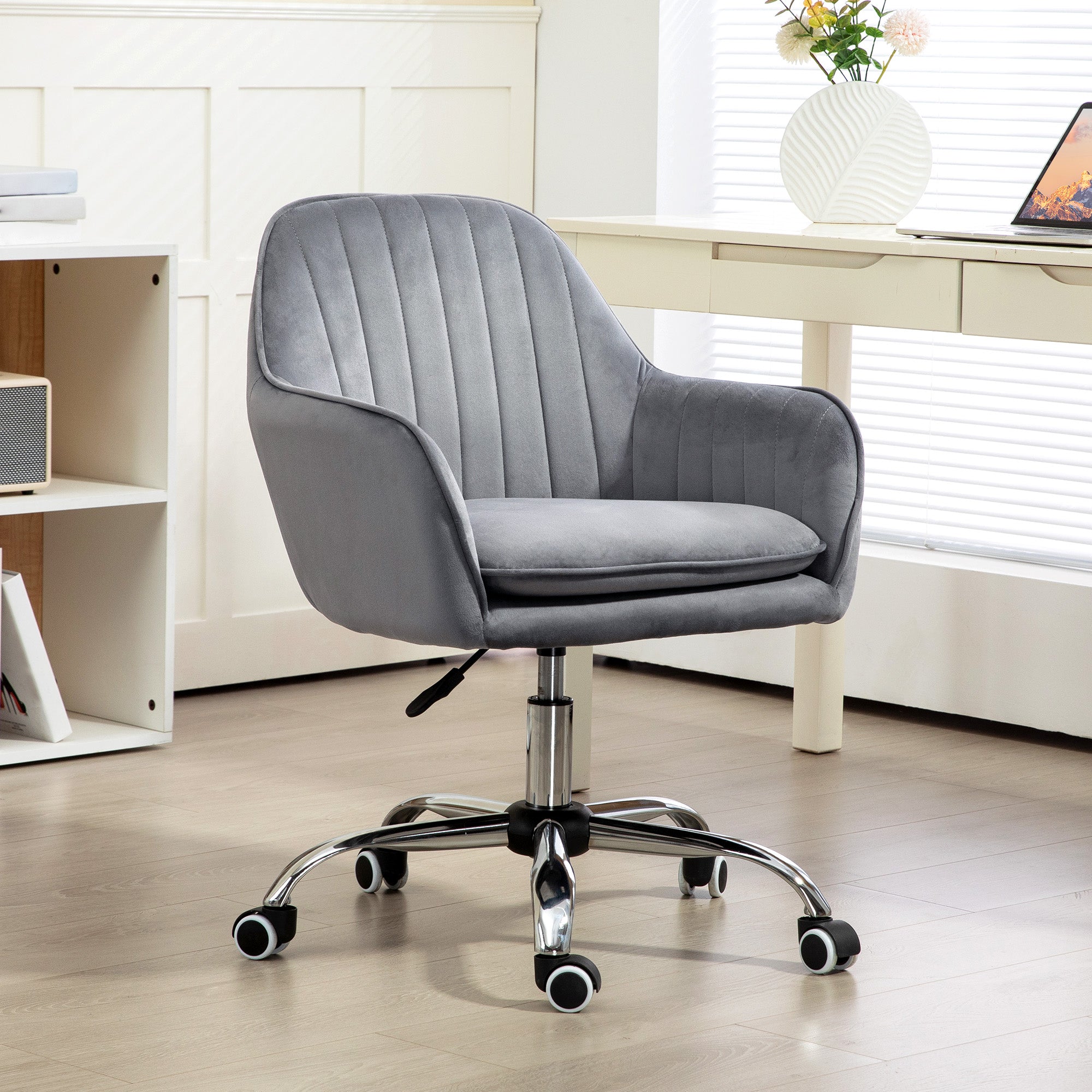 HOMCOM Office Chair, Swivel Desk Chair, Velvet-Feel Fabric Vanity Chair with Adjustable Height and Rolling Wheels for Home Work Study, Grey - North Peak Garden Furniture