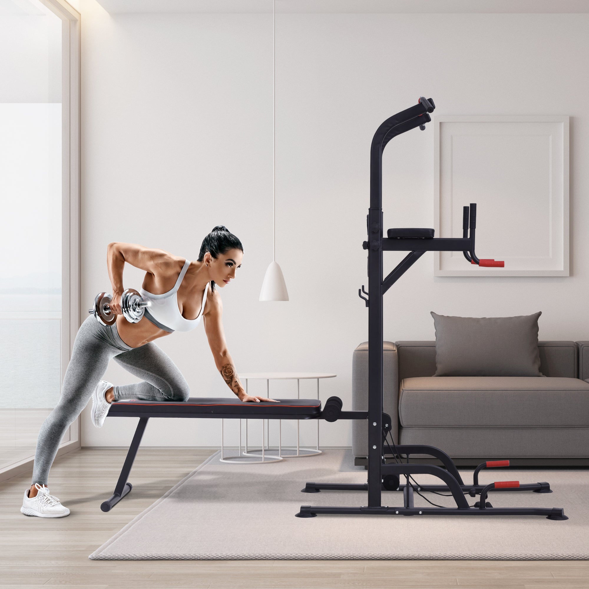 HOMCOM Multifunction Power Tower Home Workout Dip Station w/ Sit-up Bench Push-up Bars and Tension Ropes Fitness Equipment Office Gym Training - North Peak Garden Furniture
