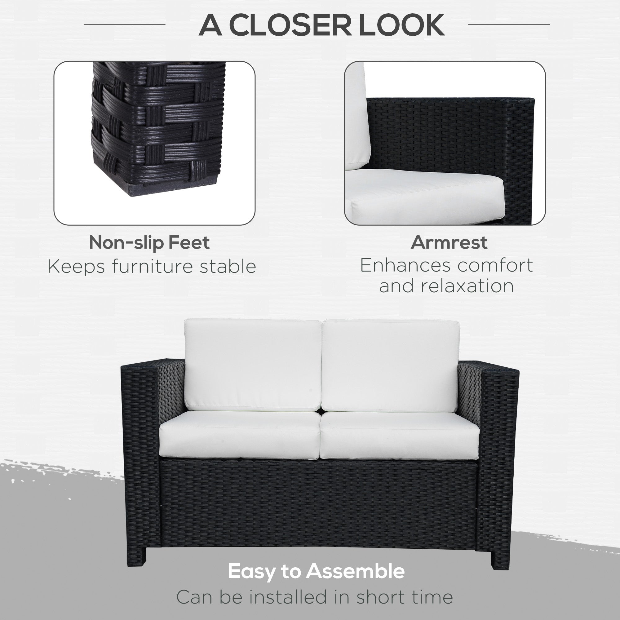Outsunny 2 Seater Garden Furniture, Rattan Sofa with Soft Padded Cushion and Armrests, Wicker Garden Loveseat for Patio, Black - North Peak Garden Furniture
