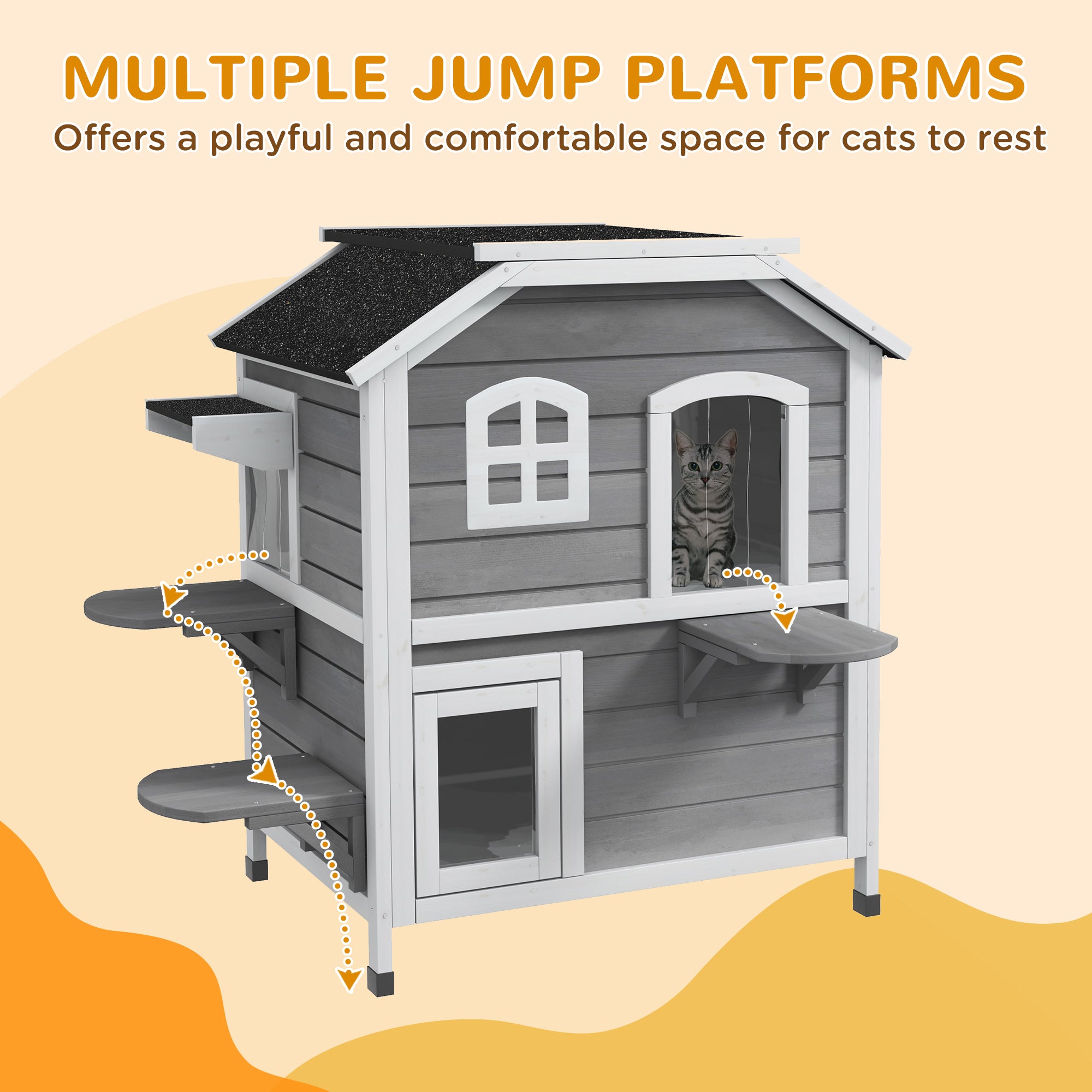 PawHut 2-story Cat House Outdoor, Weatherproof Wooden Cat Enclosure for Feral Cats with Escape Door, Openable Roof, Jumping Platforms, Grey