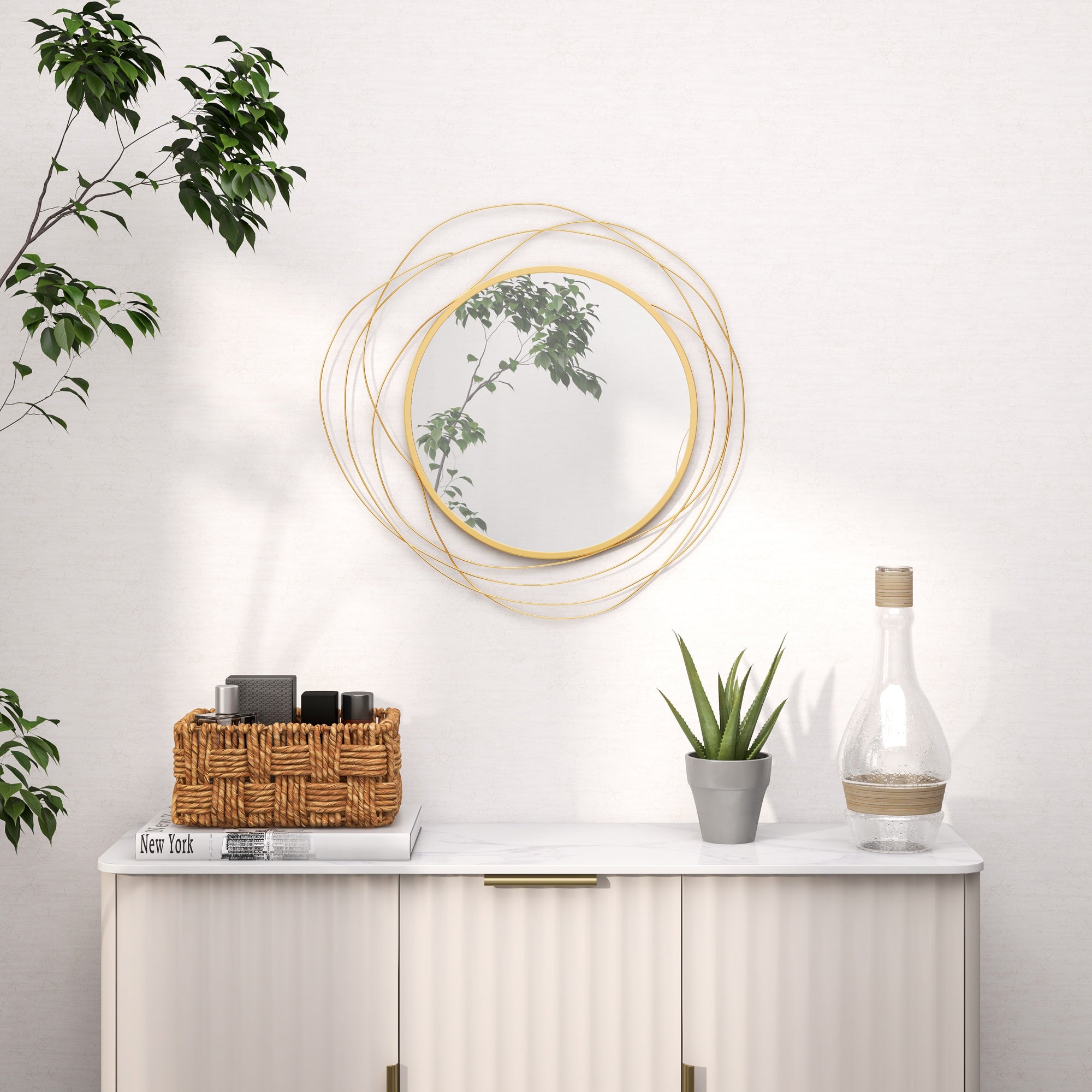 HOMCOM Abstract Metal Wire Wall Mirror, with Accessories - Gold Tone - North Peak Garden Furniture