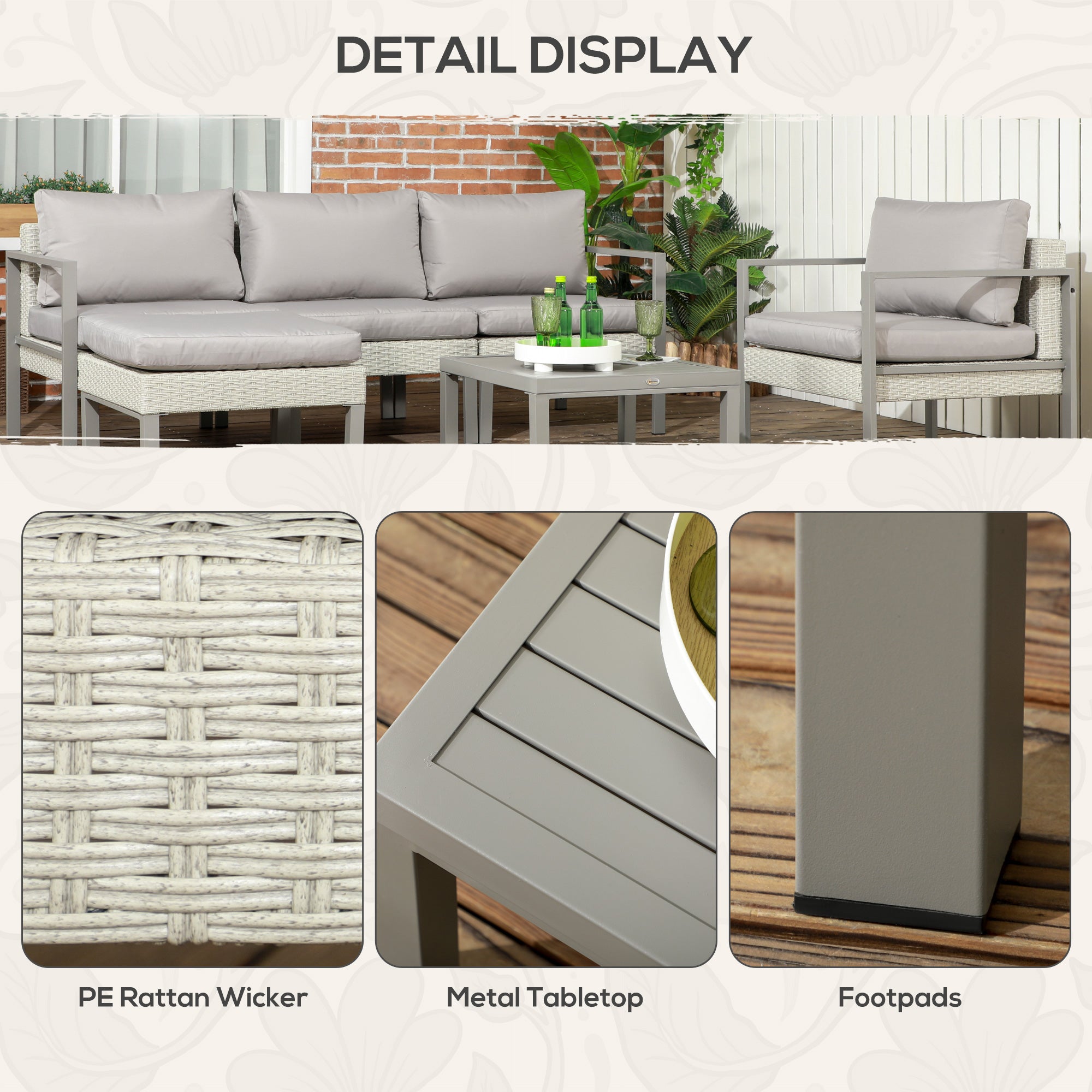 Outsunny Six-Piece Rattan Garden Sofa Set - Light Grey - North Peak Garden Furniture