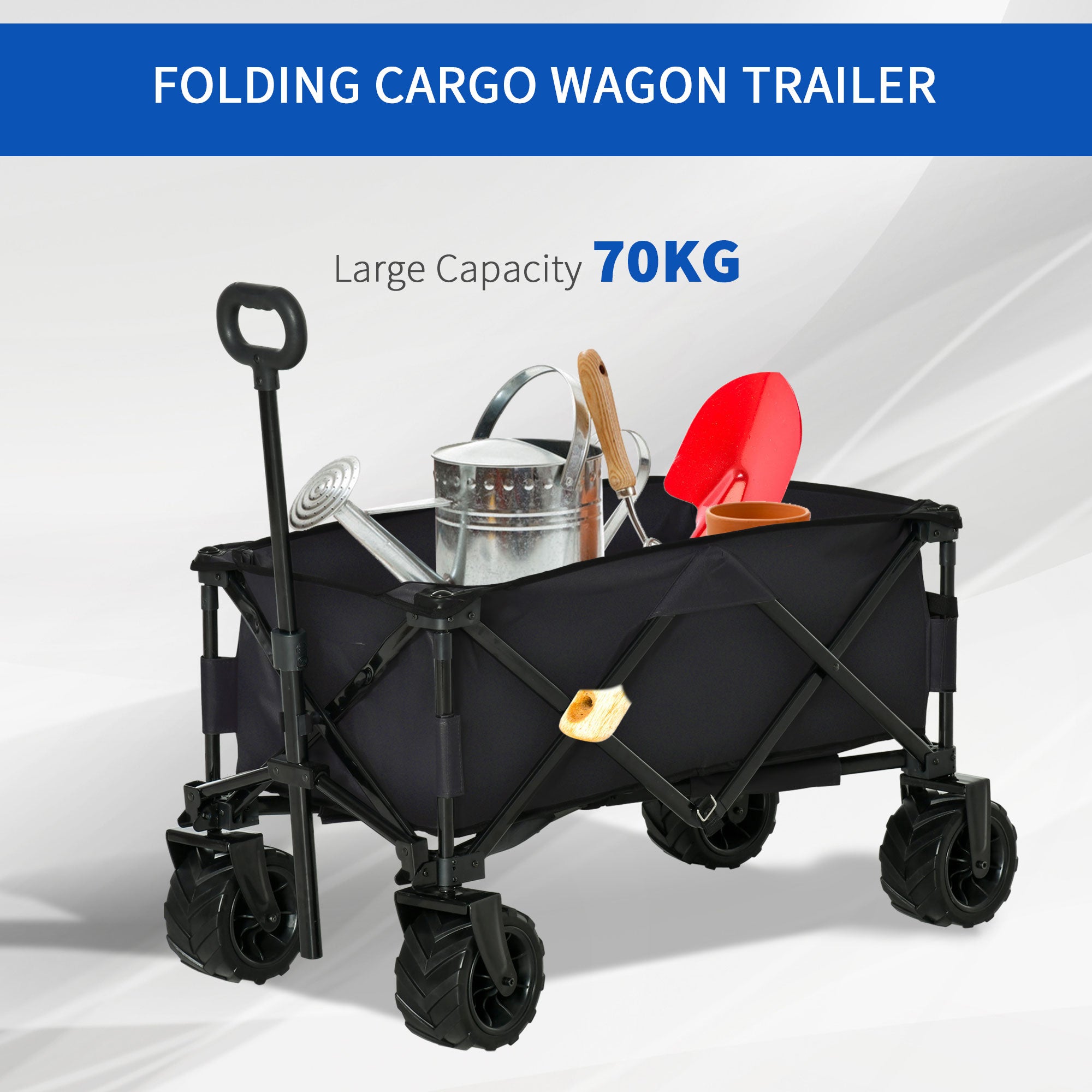 Outsunny Outdoor Folding Garden Trolley on Wheels, Capming Cargo Wagon Cart Trailer w/ Handle, Wheels for Beach Garden, Black - North Peak Garden Furniture