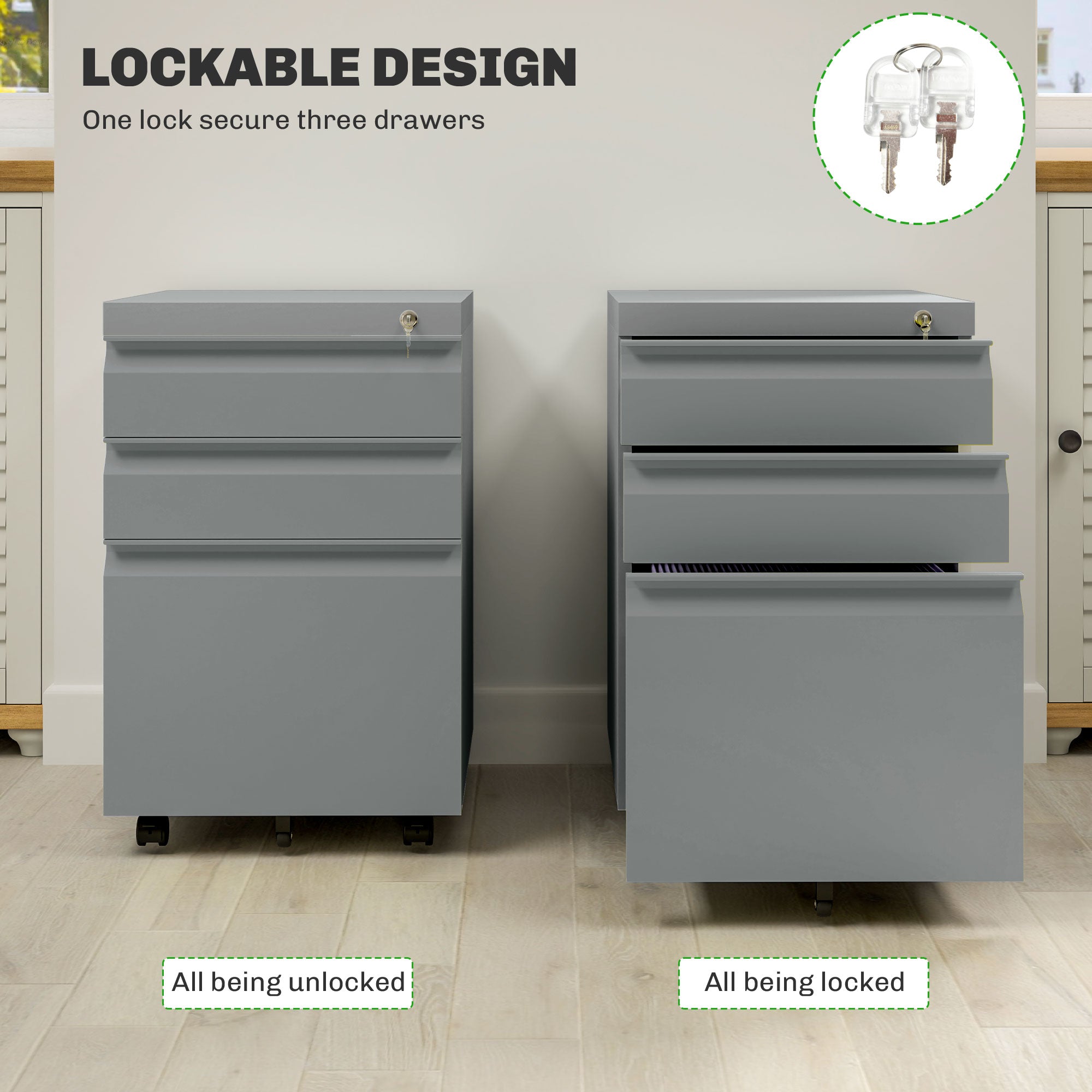 Vinsetto 3 Drawer Filling Cabinet, Mobile Metal File Cabinet with Anti-tilt Design for Letter, A4, Legal Size, Grey - North Peak Garden Furniture
