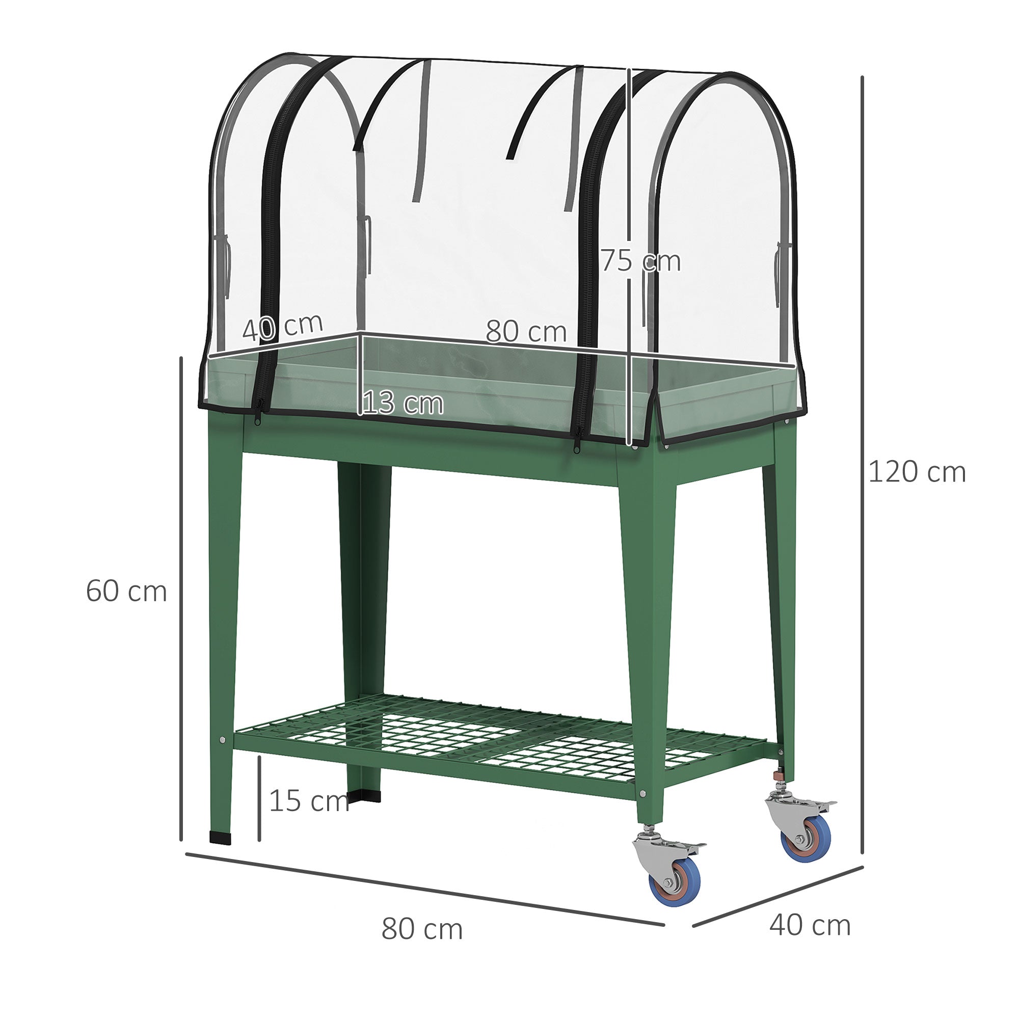 Outsunny Raised Planter with Greenhouse Cover, Mobile Elevated Garden Bed with Wheels and Bottom Shelf for Vegetables, Green - North Peak Garden Furniture