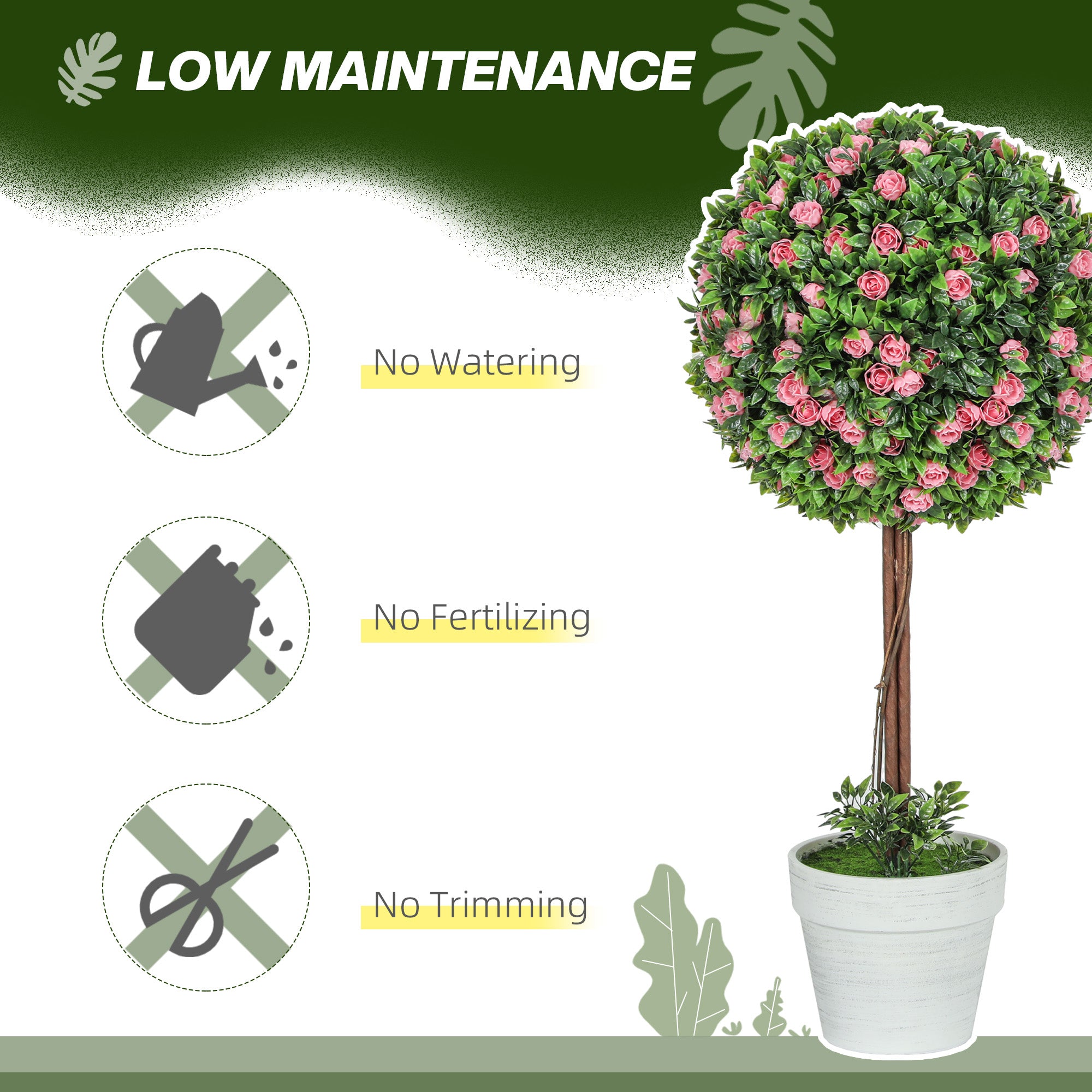 HOMCOM Set of 2 Decorative Artificial Plants, Ball Topiary Tree with Rose Flower in Pot, Fake Plants for Home Indoor Outdoor Decor, 60cm, Pink - North Peak Garden Furniture