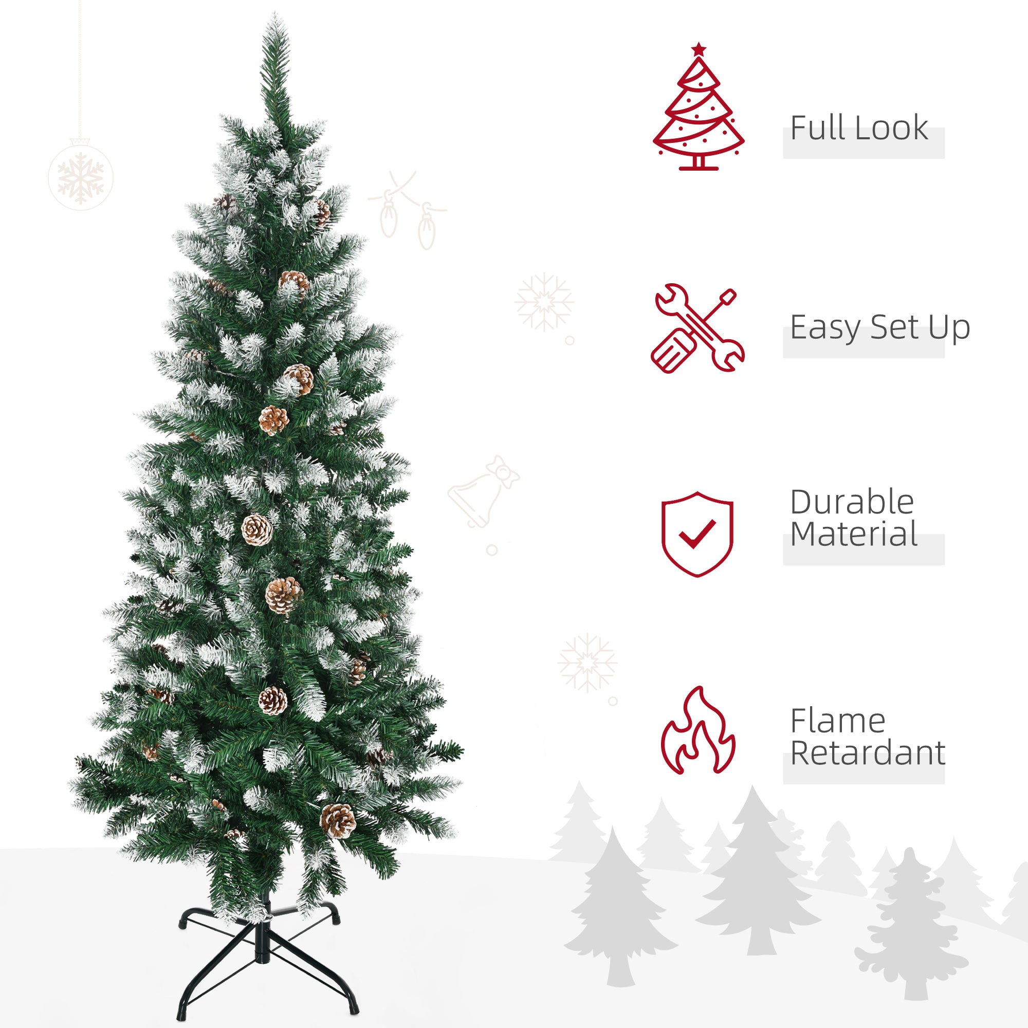 HOMCOM 5 Ft Snow Artificial Christmas Tree with Realistic Branches, Pine Cone, for Indoor Decoration, Green White - North Peak Garden Furniture