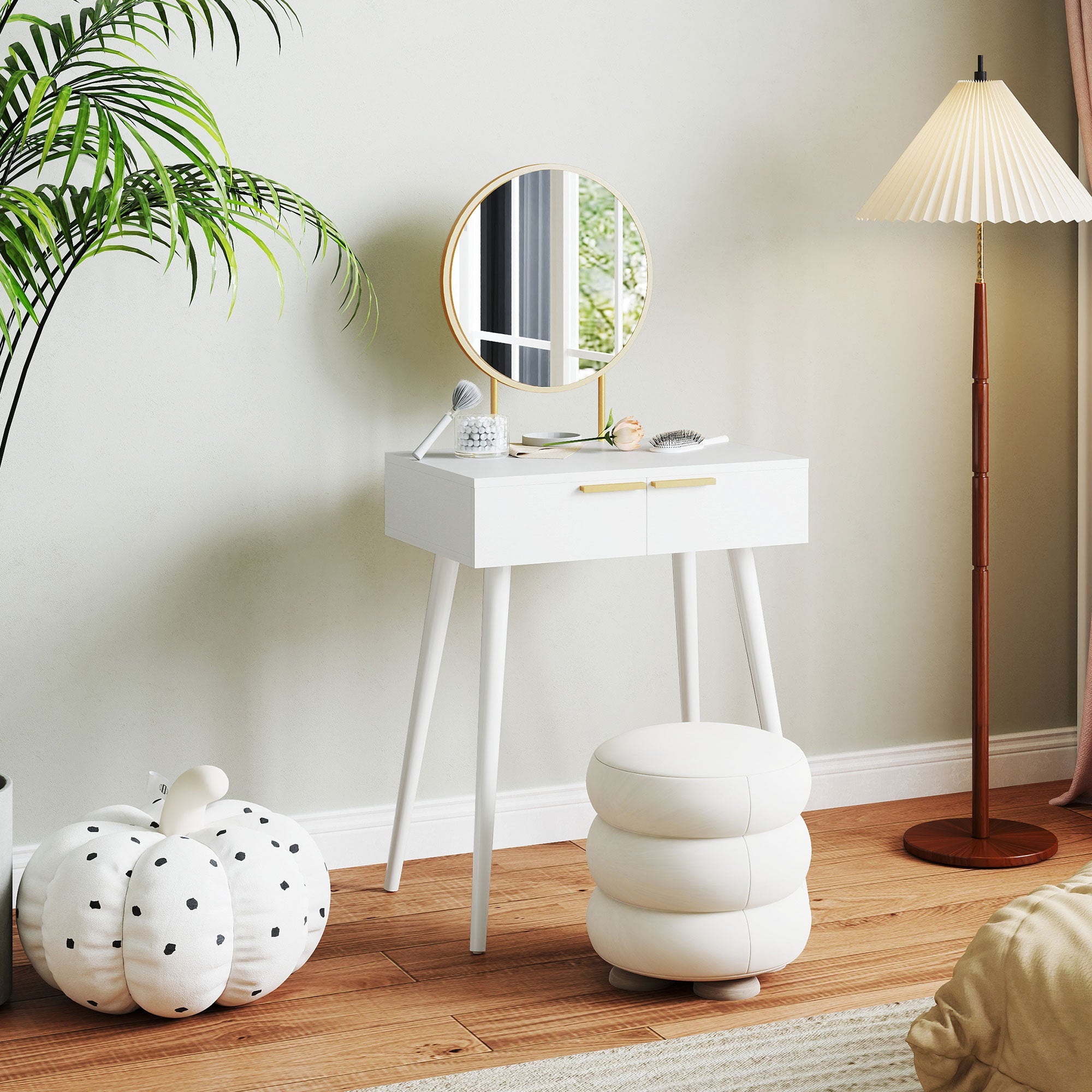 HOMCOM Elegant Dressing Table, with Round Mirror, 60 x 40 x 123 cm - White - North Peak Garden Furniture