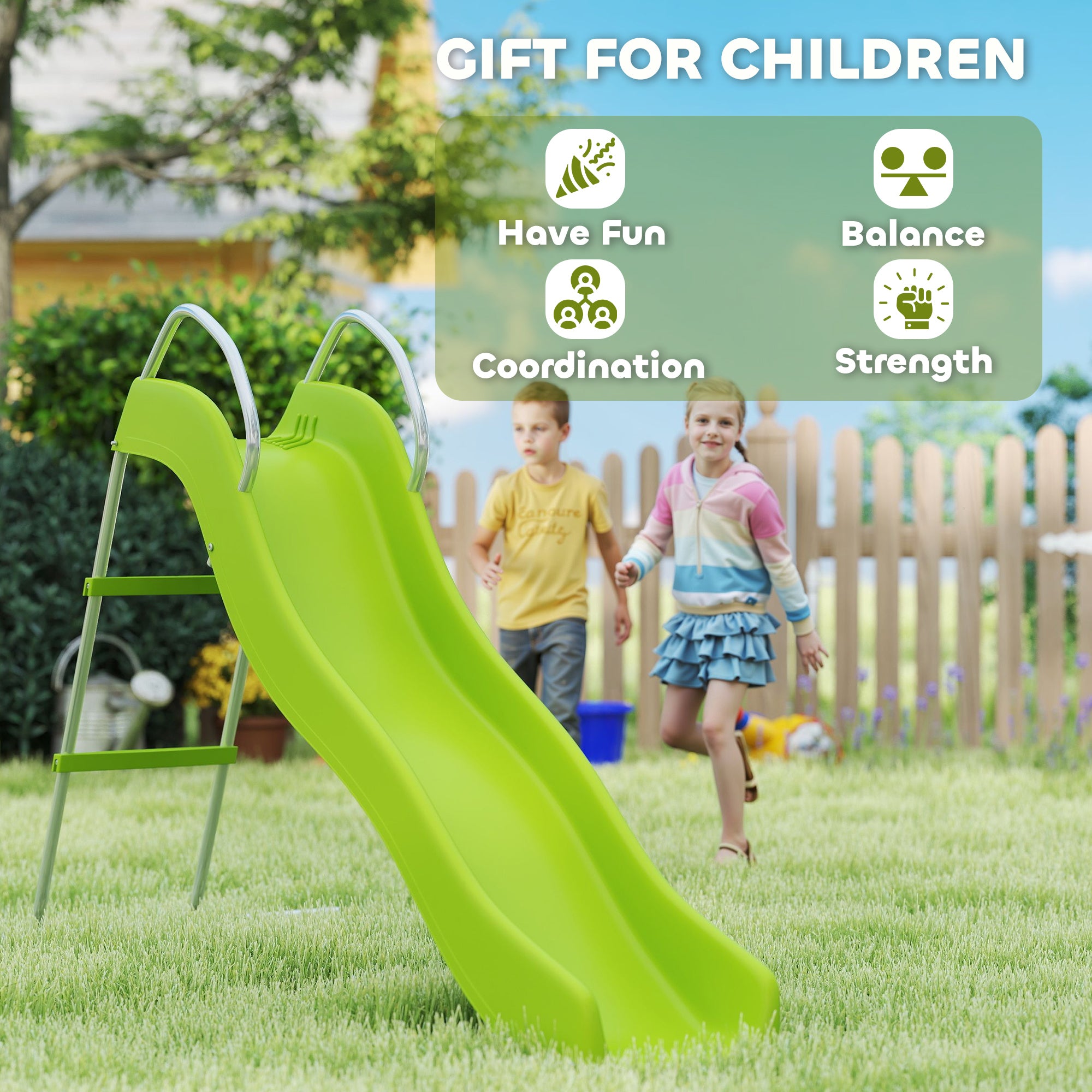 AIYAPLAY Freestanding Kids Slide with Climbing Ladder, Outdoor Playground Equipment for Children Ages 3-8 Years, Green - North Peak Garden Furniture