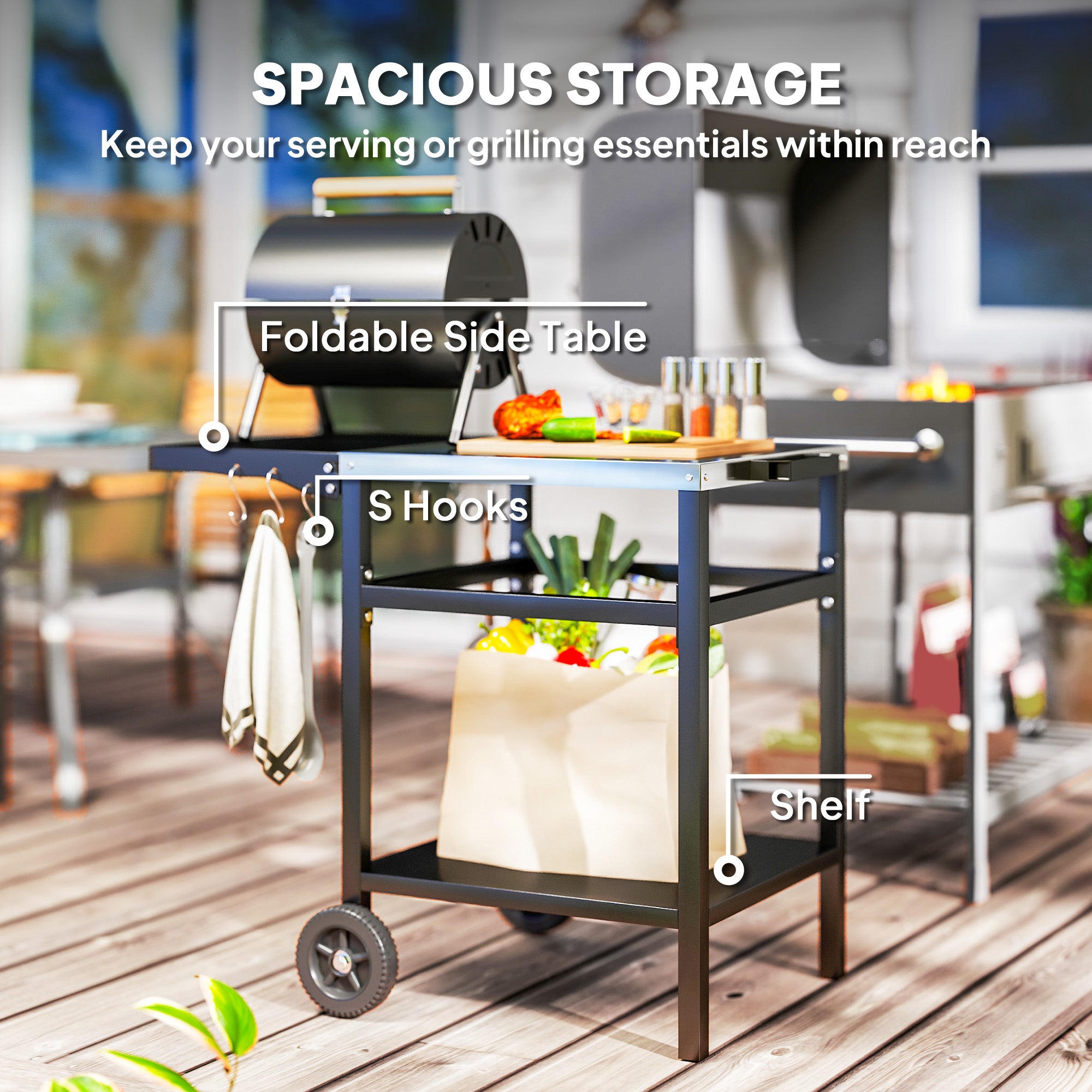 Outsunny BBQ Trolley with Stainless Steel Top and Foldable Side Table, Outdoor Kitchen BBQ Station with Hooks and Shelf, Pizza Oven Table Movable Outdoor Grill Dining Cart with Cover, Black - North Peak Garden Furniture