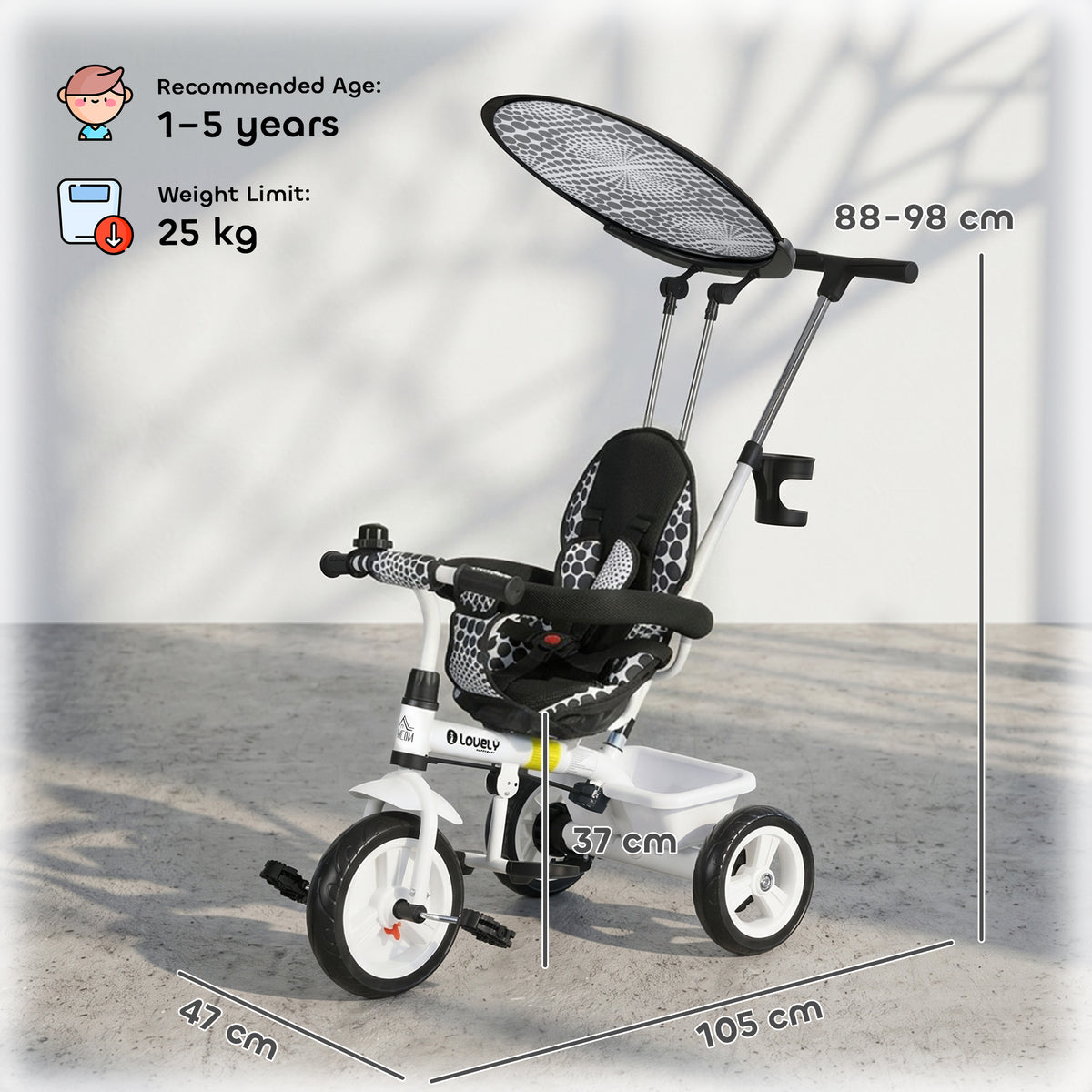HOMCOM 6 in 1 Tricycle for Kids with 5-point harness straps, Removable Canopy, White