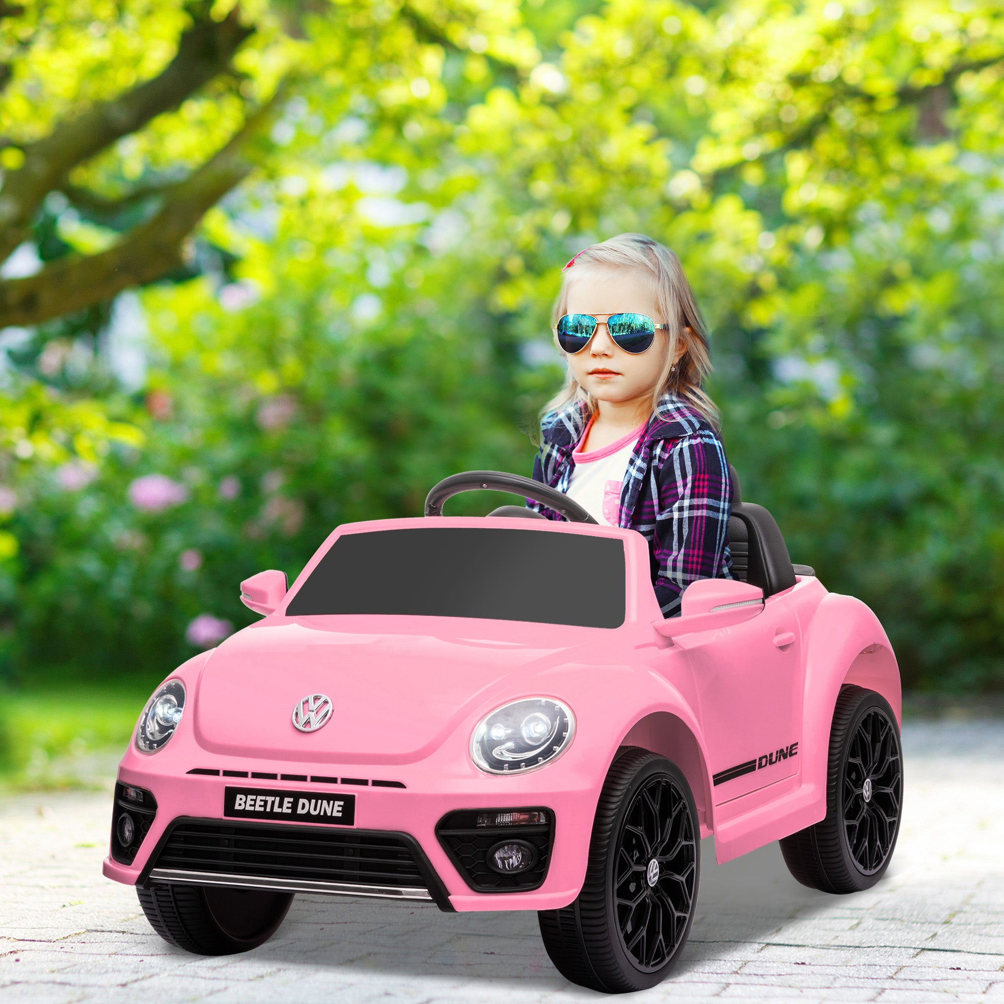AIYAPLAY Volkswagen Beetle Licensed 12V Ride on Car w/ Remote Control, Suspension Wheels, Soft Start, Lights, Music, Pink - North Peak Garden Furniture