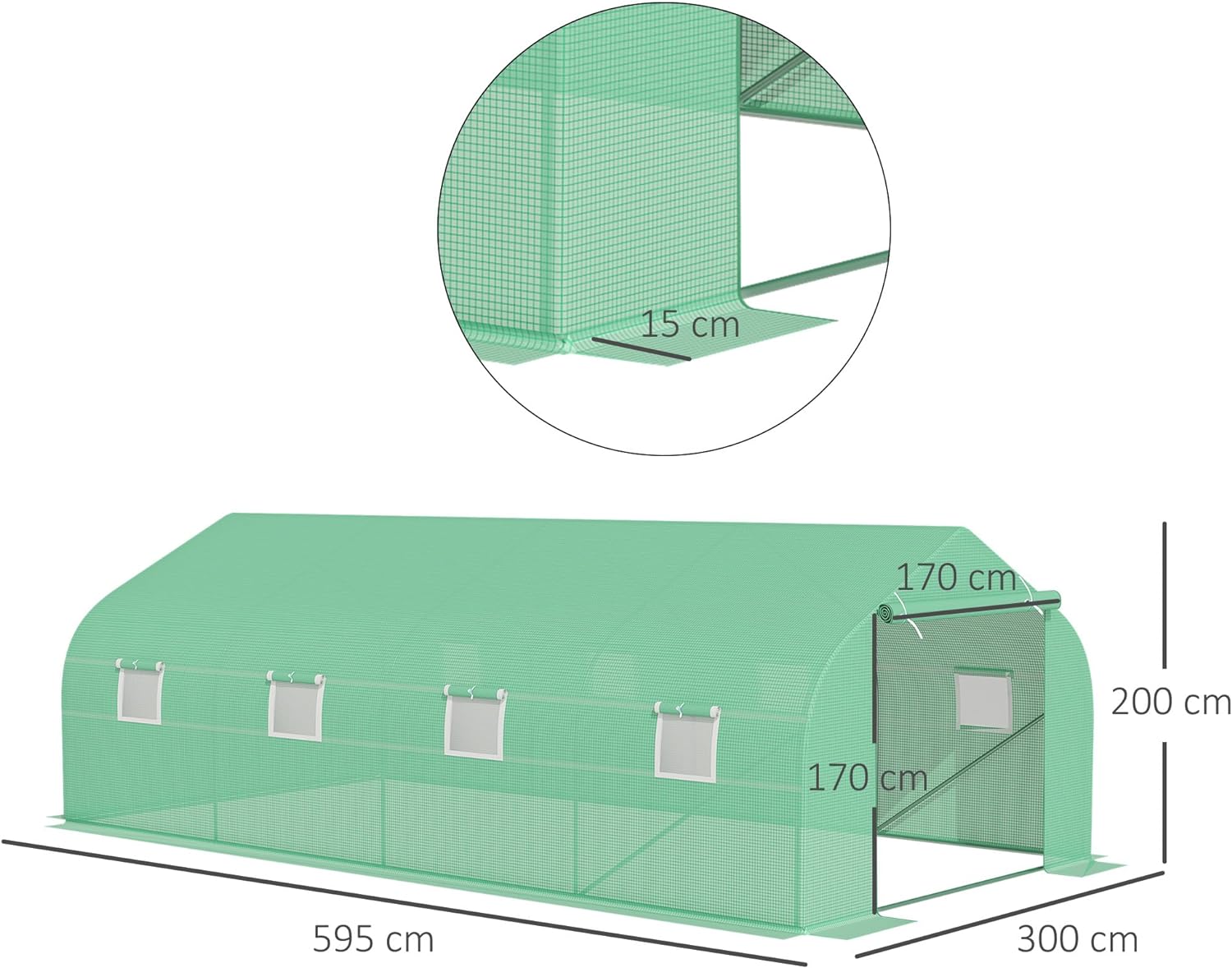 Outsunny 6 x 3 m Large Walk-In Greenhouse Garden Polytunnel Greenhouse w/ Metal Frame, Zippered Door and Roll Up Windows, Green