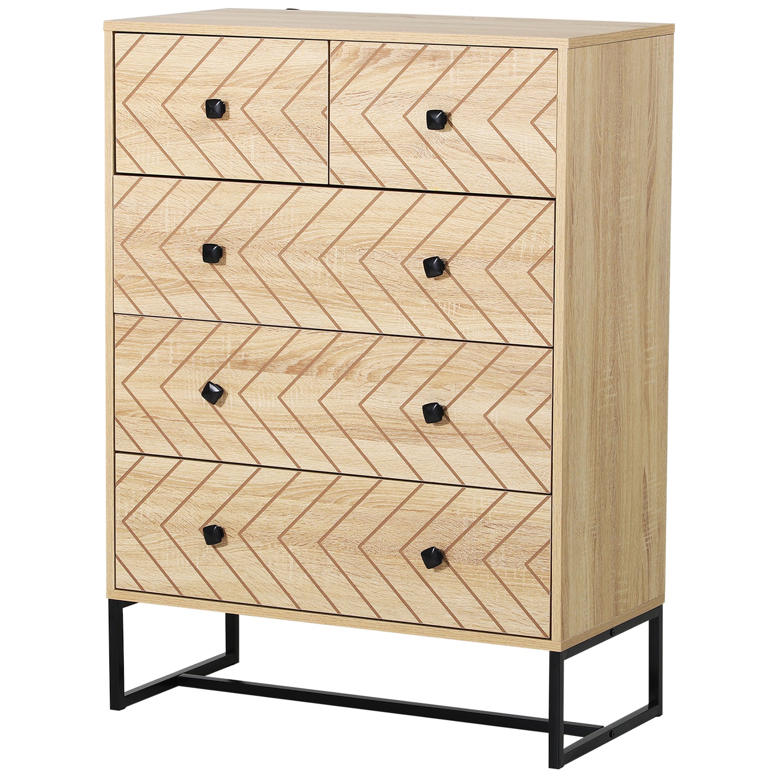 HOMCOM 5 Drawer Chest Sideboard Cabinet Storage Unit Bedroom Home Unique Zigzag Design w/ Black Metal Handles Anti Tip & Top - North Peak Garden Furniture