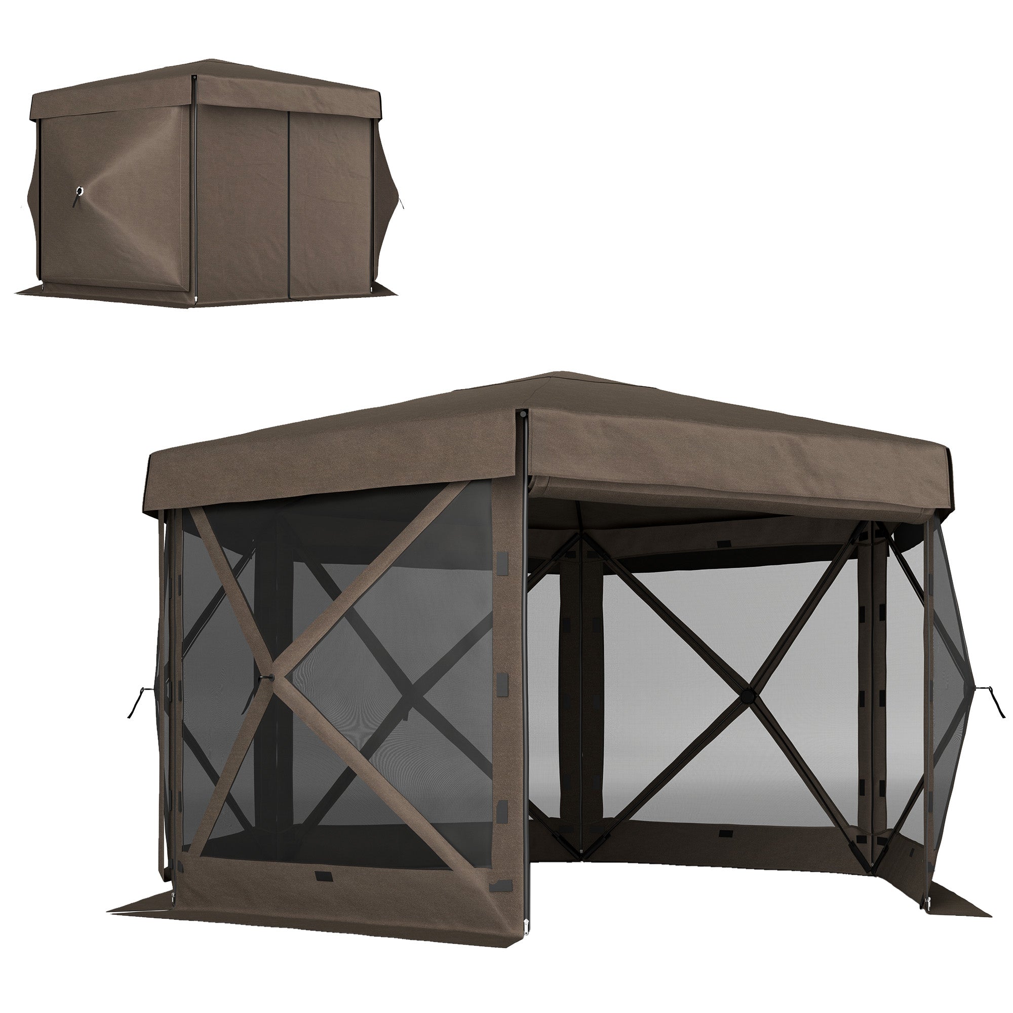 Outsunny 3 x 3(m) Hexagon Pop Up Gazebo with 5 Sides and Carry Bag, Waterproof, UV Resistant Party Tent Instant Event Shelter with Netting for Garden, Patio, Brown - North Peak Garden Furniture