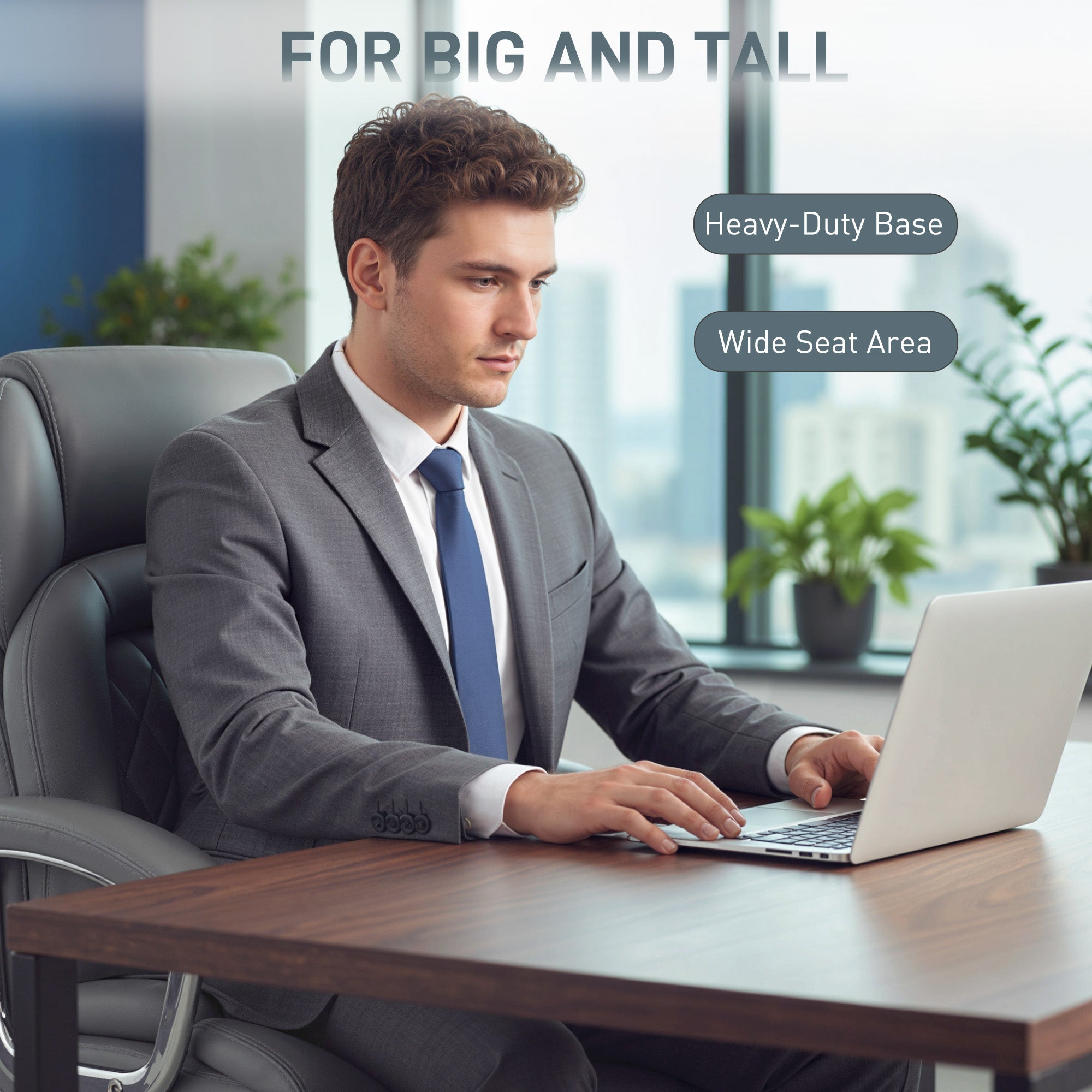 HOMCOM Big and Tall Office Chair 180kg with Spring Cushion, PU Leather - Grey