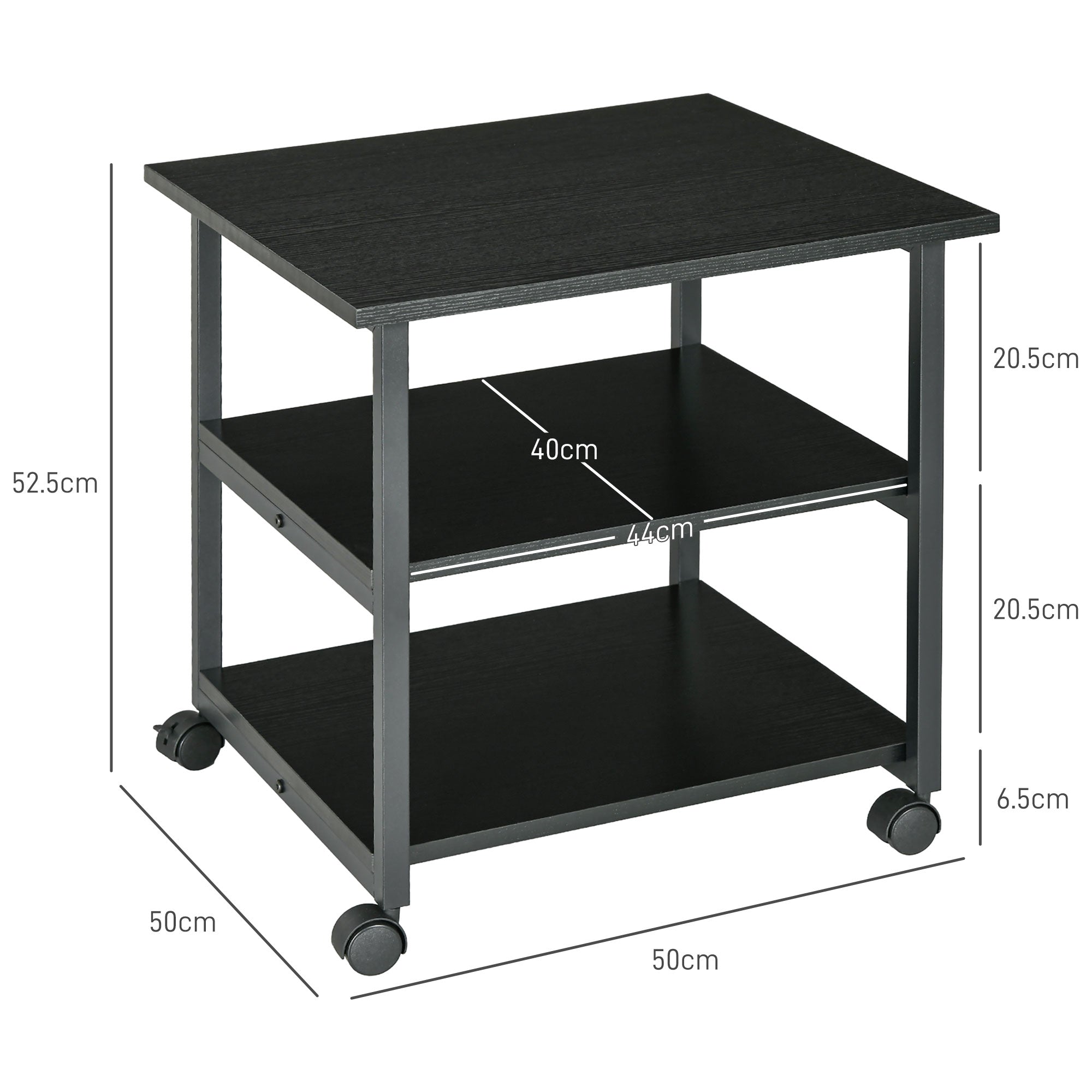 HOMCOM Three-Tier Steel Printer Stand, with Wheels - Black - North Peak Garden Furniture
