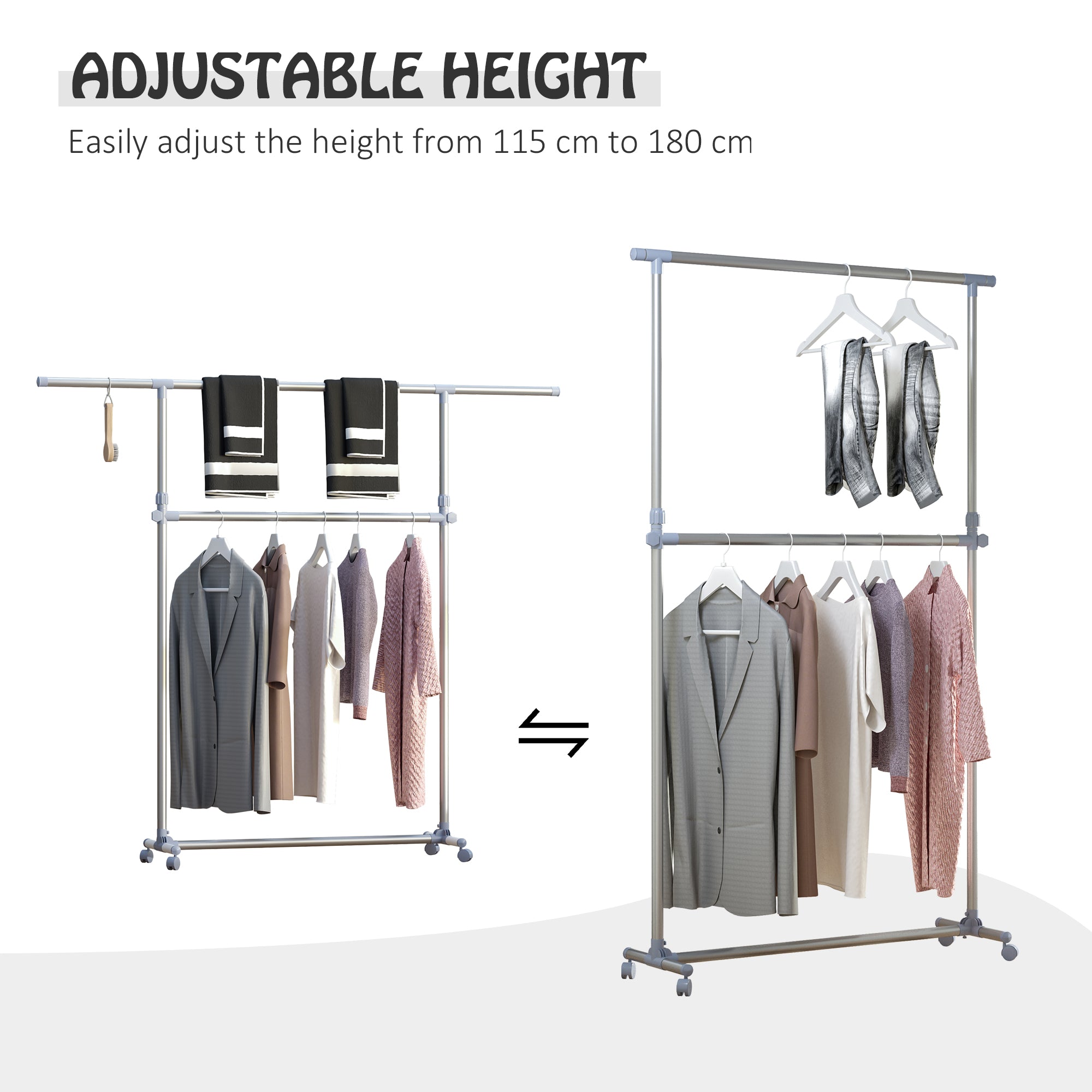 HOMCOM Heavy Duty Clothes Hanger Garment Rail Hanging Display Stand Rack w/ Wheels Adjustable - North Peak Garden Furniture