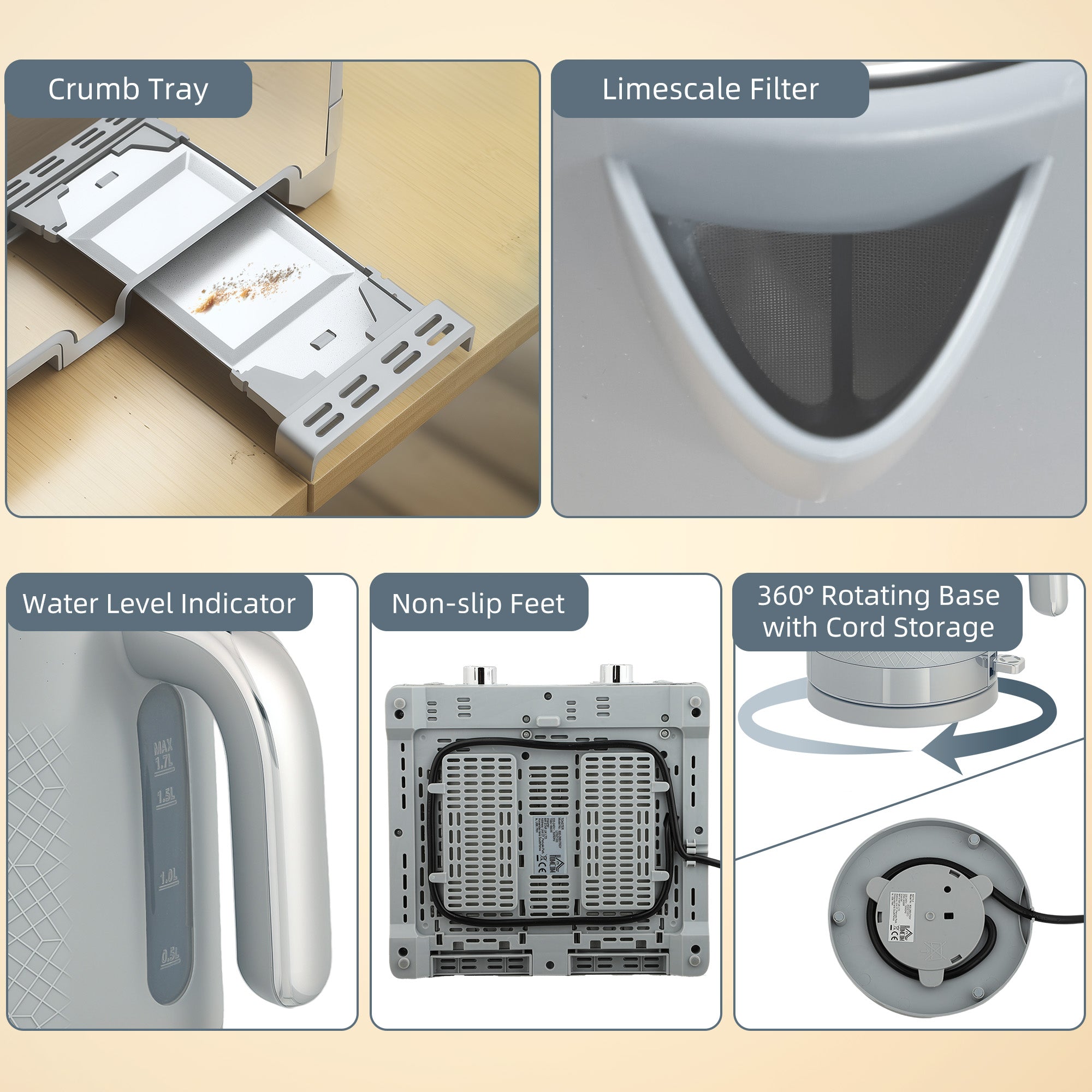 HOMCOM Sleek Textured Kettle and Four-Slice Toaster Set - Grey