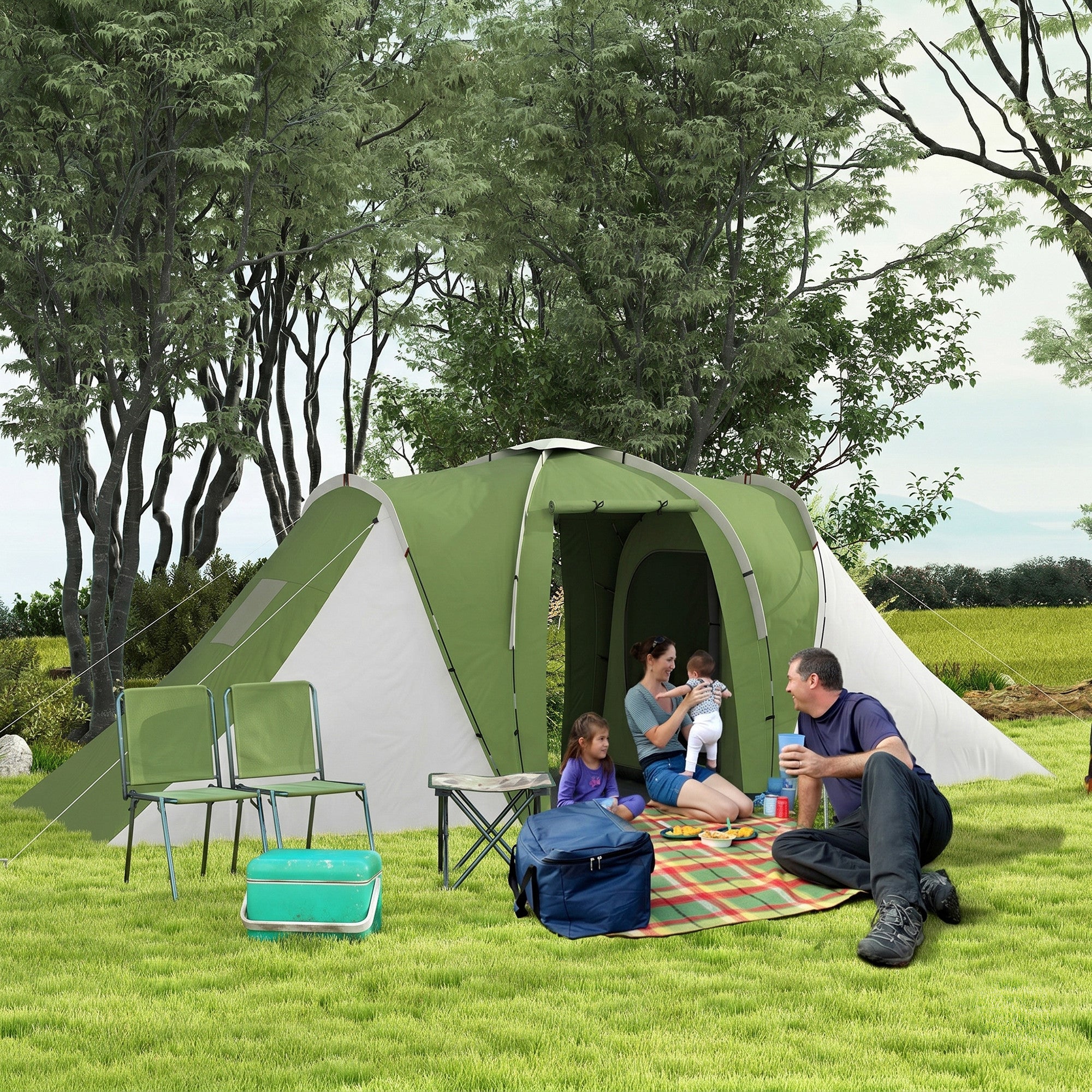 Outsunny Large Camping Tent Tunnel Tent with 2 Bedroom and Living Area, 2000mm Waterproof, Portable with Bag for 4-6 Man, Green