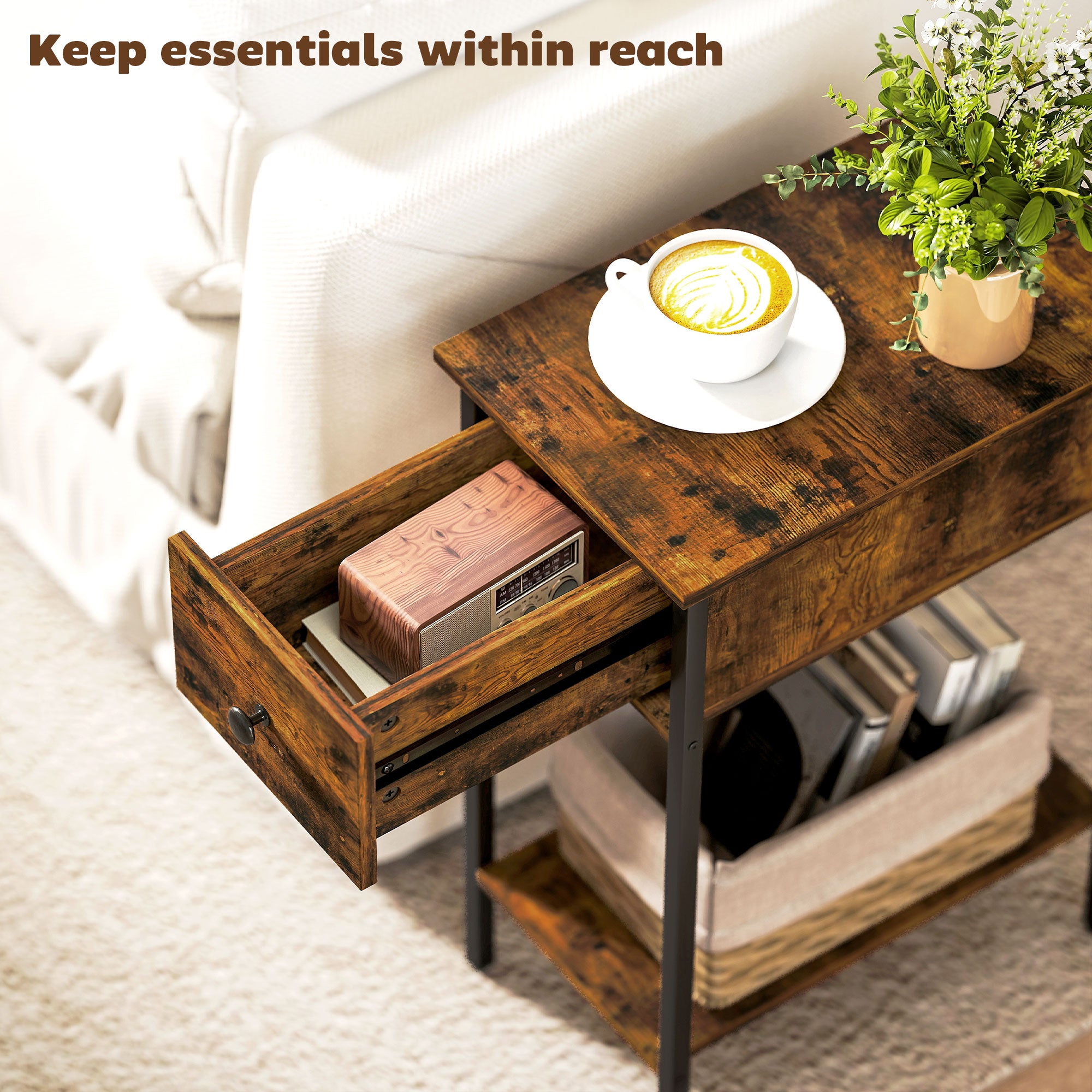 HOMCOM Narrow Side Table with Drawer and Storage Shelf - Rustic Brown
