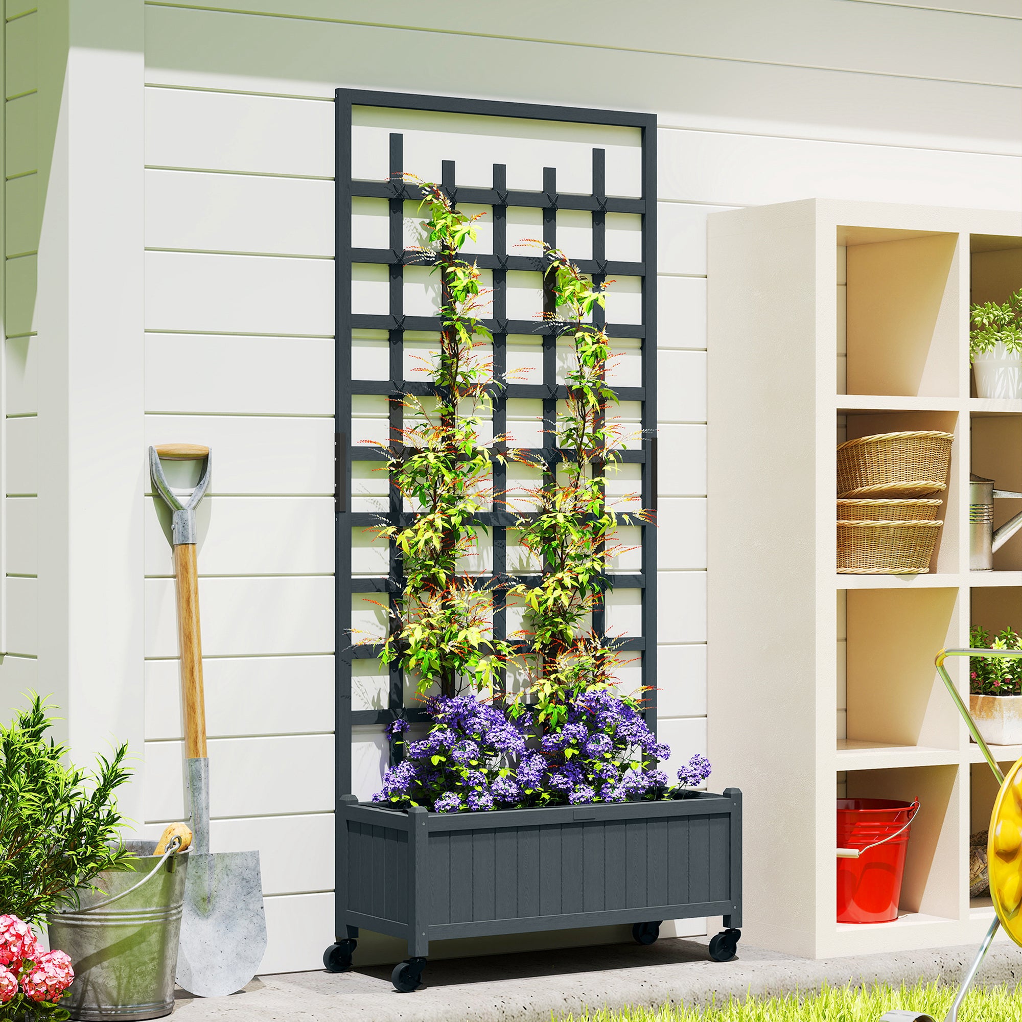 Outsunny Wooden Trellis Planter, Raised Garden Bed with Wheels, to Climb and Grow Vegetables, Herbs and Flowers, Grey