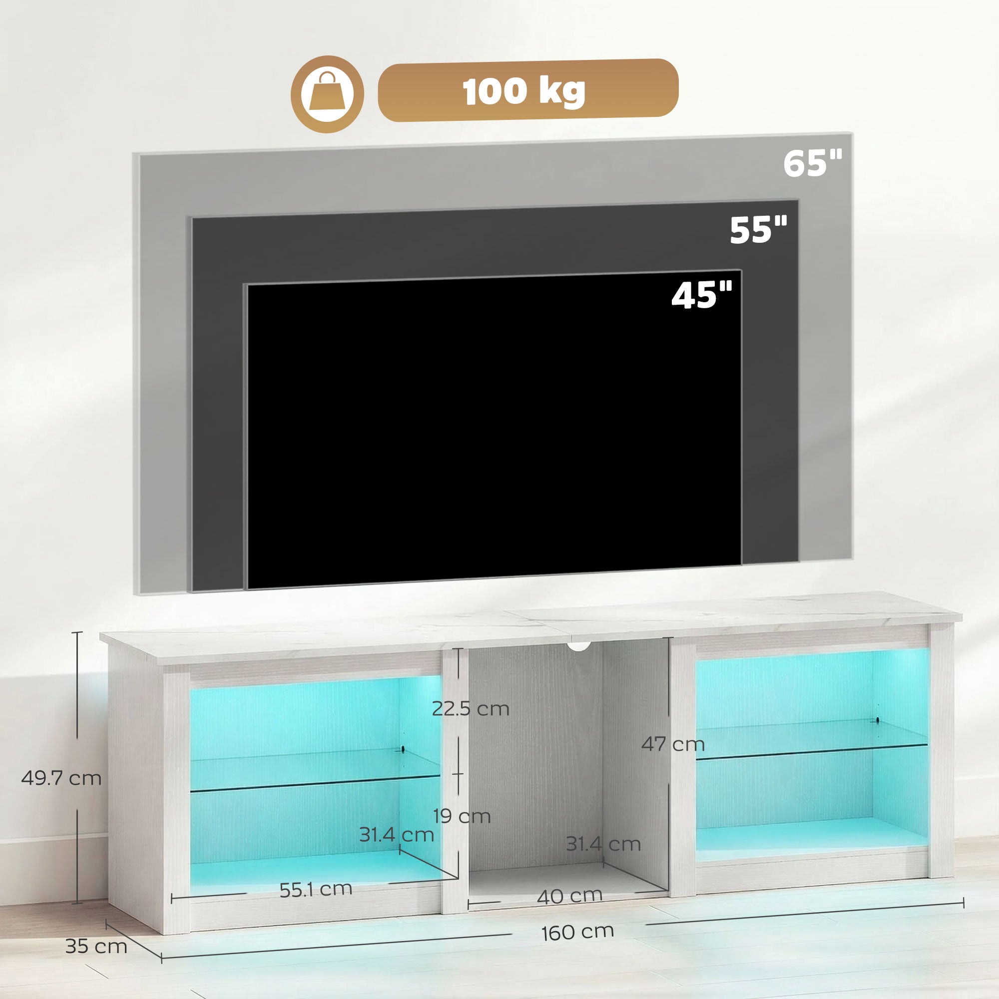 HOMCOM 70" TV Stand, with LED Lights and Storage - White