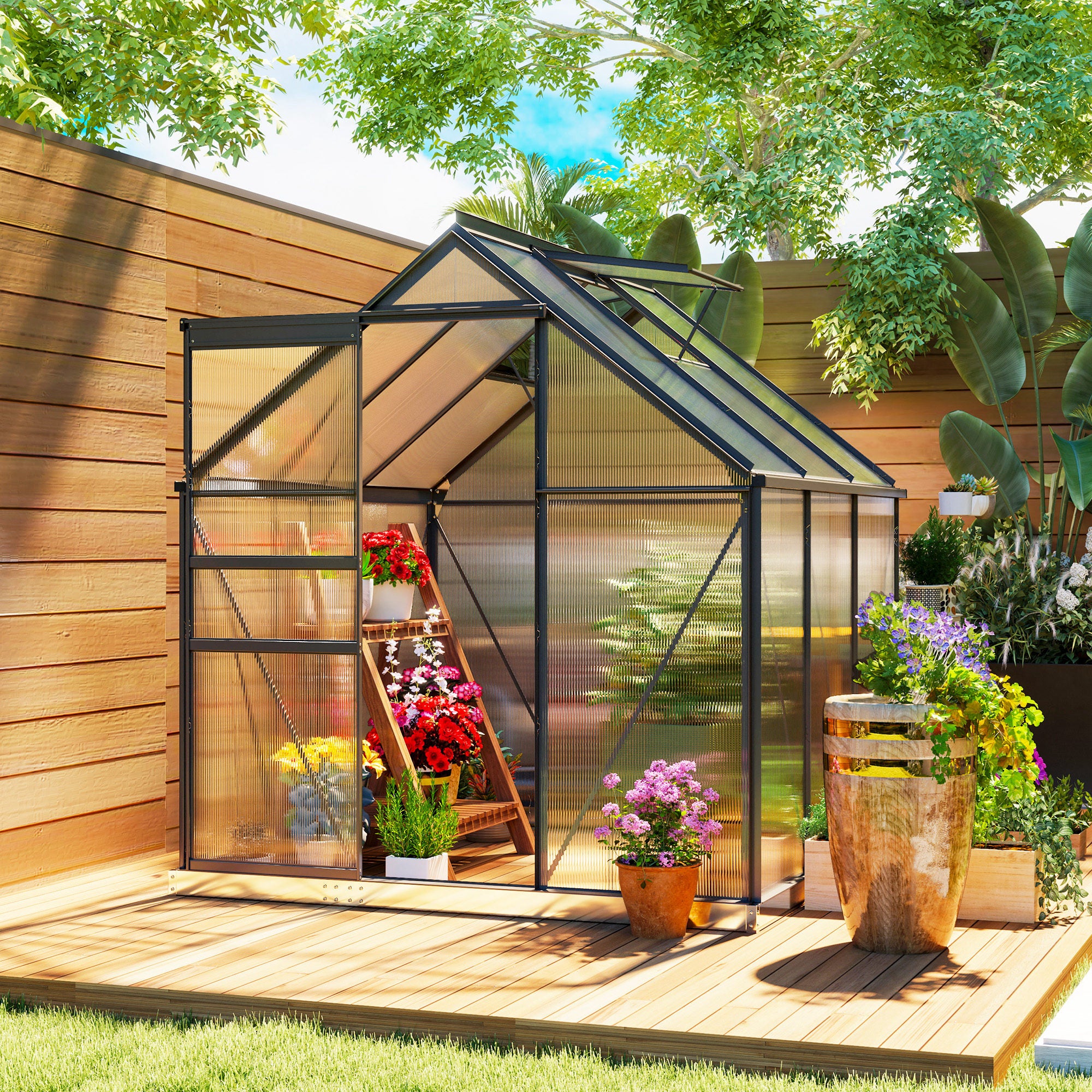 Outsunny 190 x 190cm Walk-In Polycarbonate Greenhouse - Grey - North Peak Garden Furniture