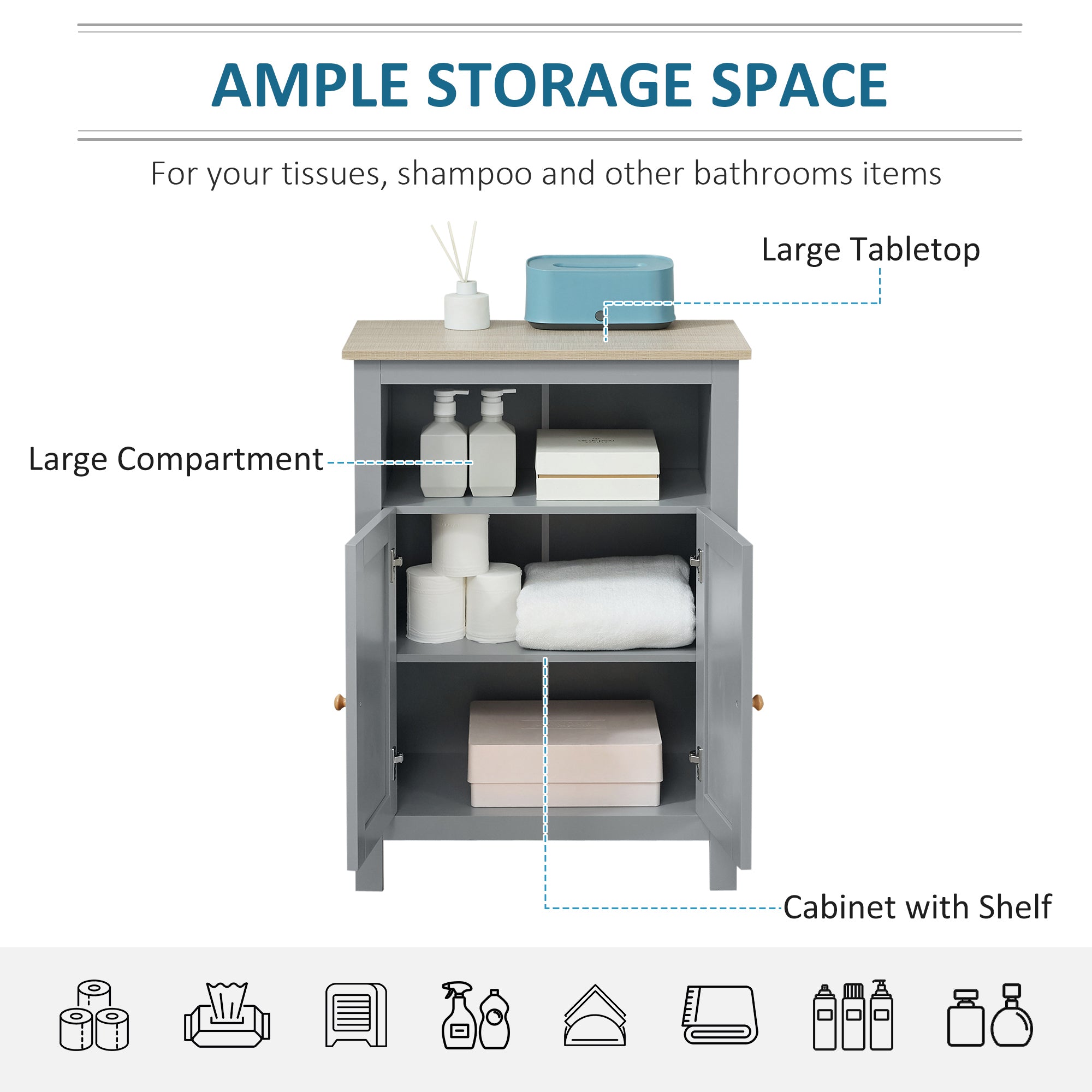 kleankin Bathroom Floor Cabinet, Free Standing Cupboard with Double Doors and Adjustable Shelf for Kitchen, Hallway, Living Room, Grey - North Peak Garden Furniture