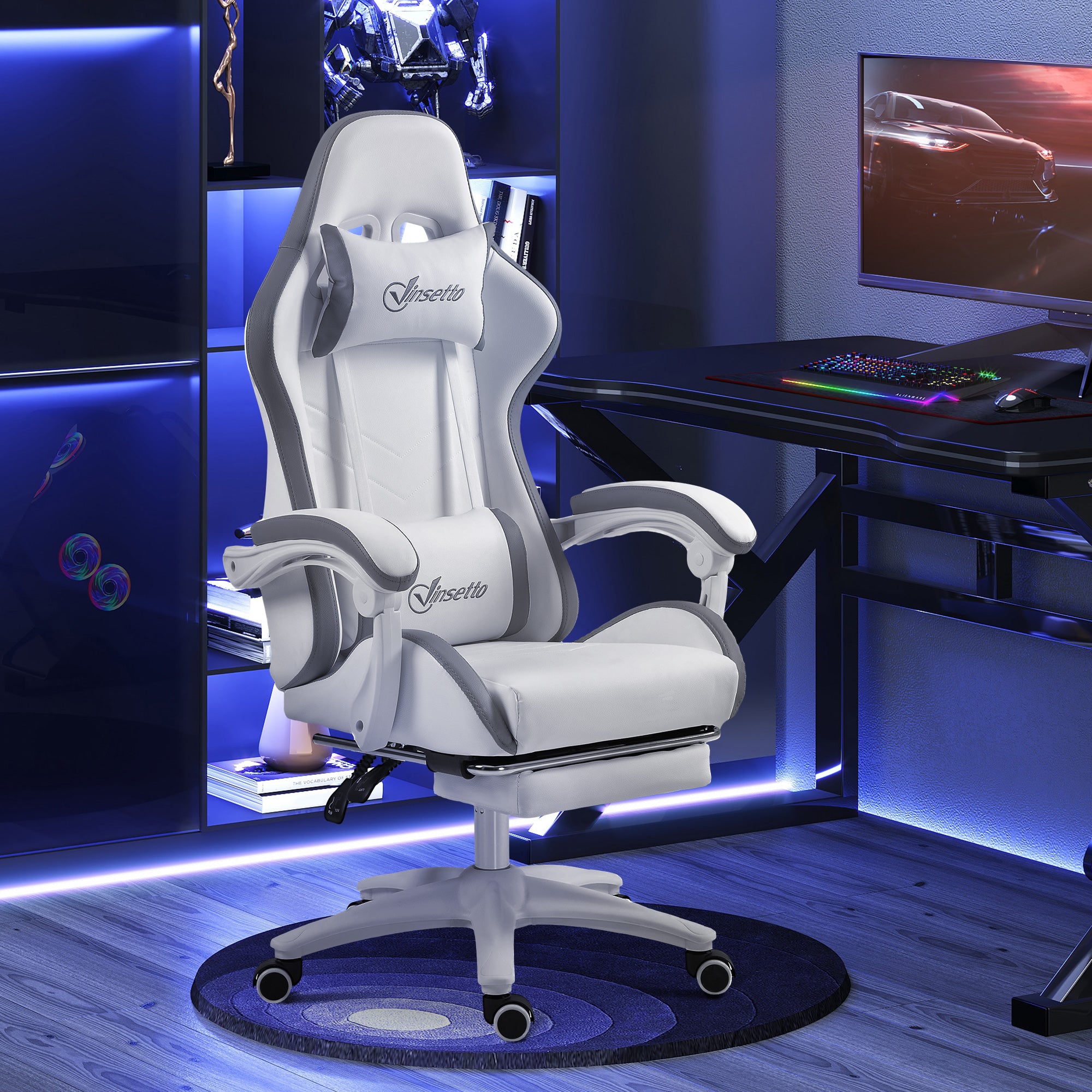 Vinsetto Computer Gaming Chair, PU Leather Desk Chair with Footrest, Swivel Task Chair with 135° Reclining Back and Lumbar Support, PC Chair for Adults, White and Grey - North Peak Garden Furniture