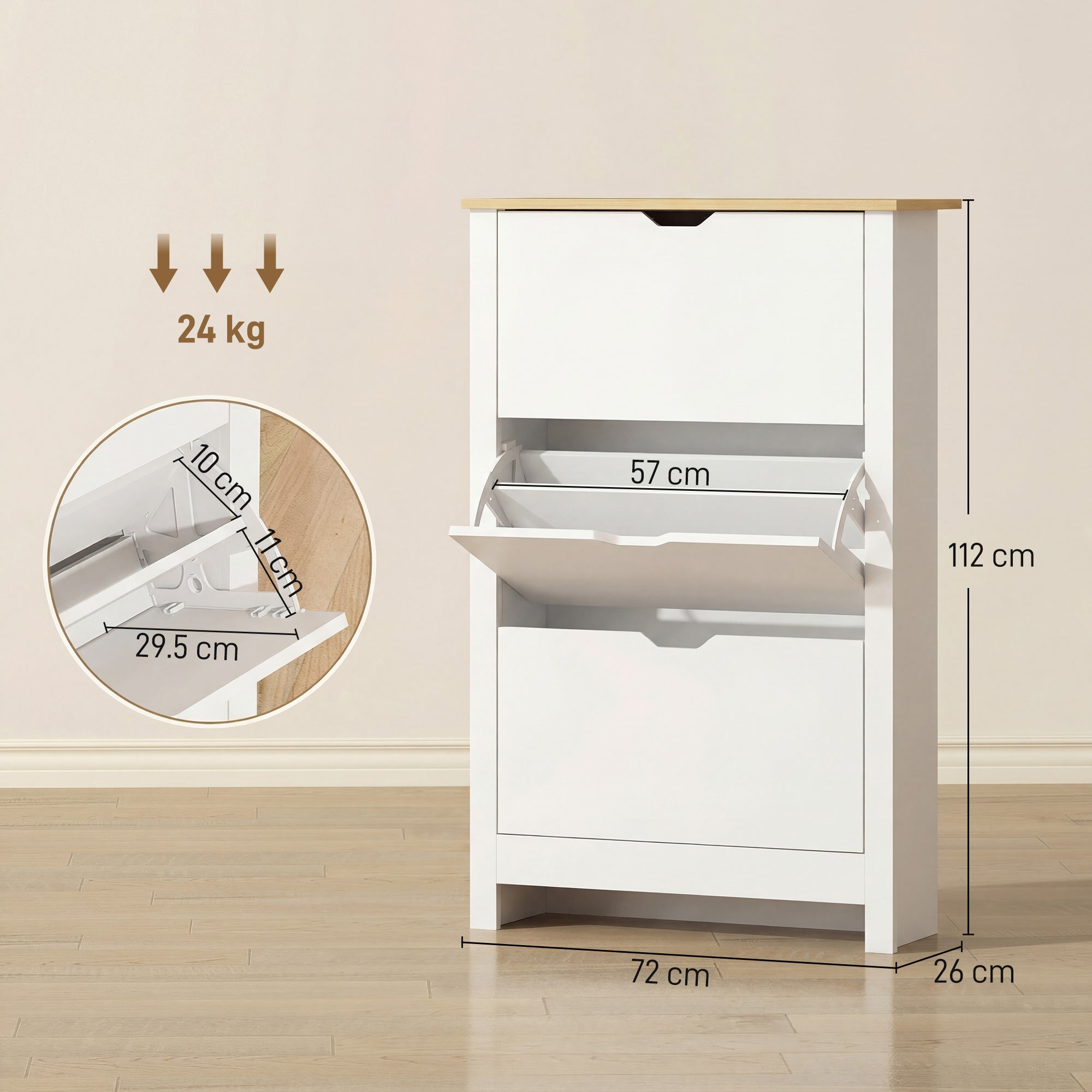 HOMCOM Slim Shoe Cabinet, Narrow Shoe Cupboard with 3 Flip Drawers, Adjustable Shelves for 18 Pairs of Shoes for Hallway, White