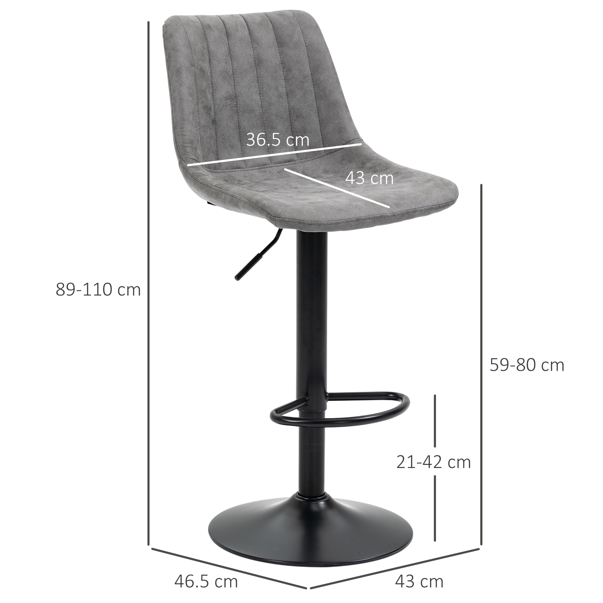 HOMCOM Adjustable Bar Stools Set of 2 Counter Height Barstools Dining Chairs 360° Swivel with Footrest for Home Pub, Grey - North Peak Garden Furniture