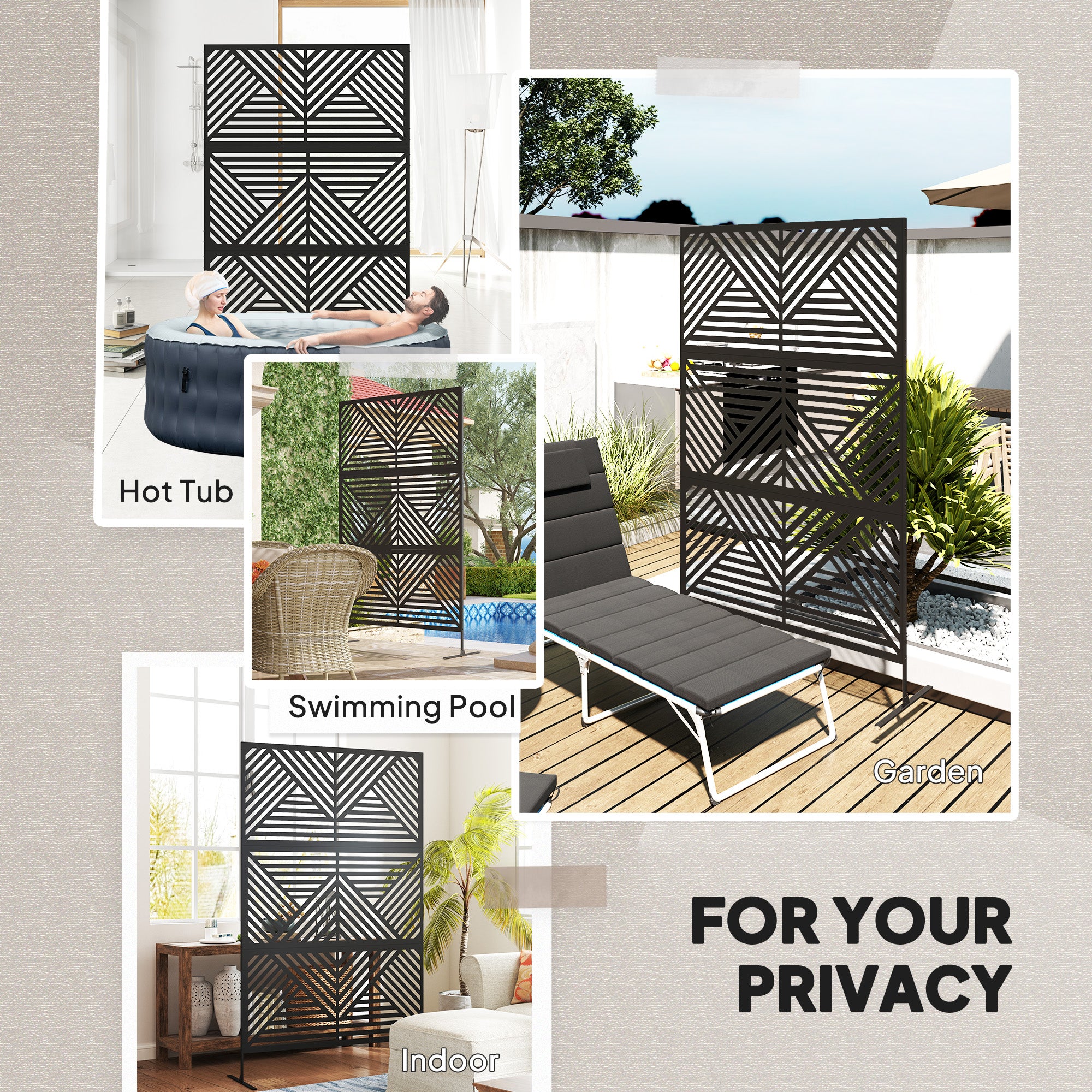 Outsunny Decorative Garden Privacy Screen with Stand, 6.5FT Freestanding Metal Outdoor Divider, Decorative Privacy Panel with Expansion Screws for Garden Pool Hot Tub, Rhombus Style, Black - North Peak Garden Furniture