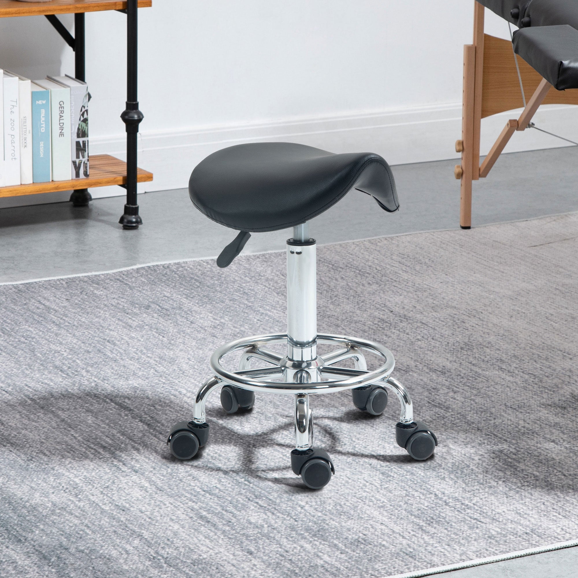 HOMCOM Salon Saddle Stool, Rolling Saddle Chair for Massage, Spa, Clinic, Beauty, Hairdressing and Tattoo, Black - North Peak Garden Furniture