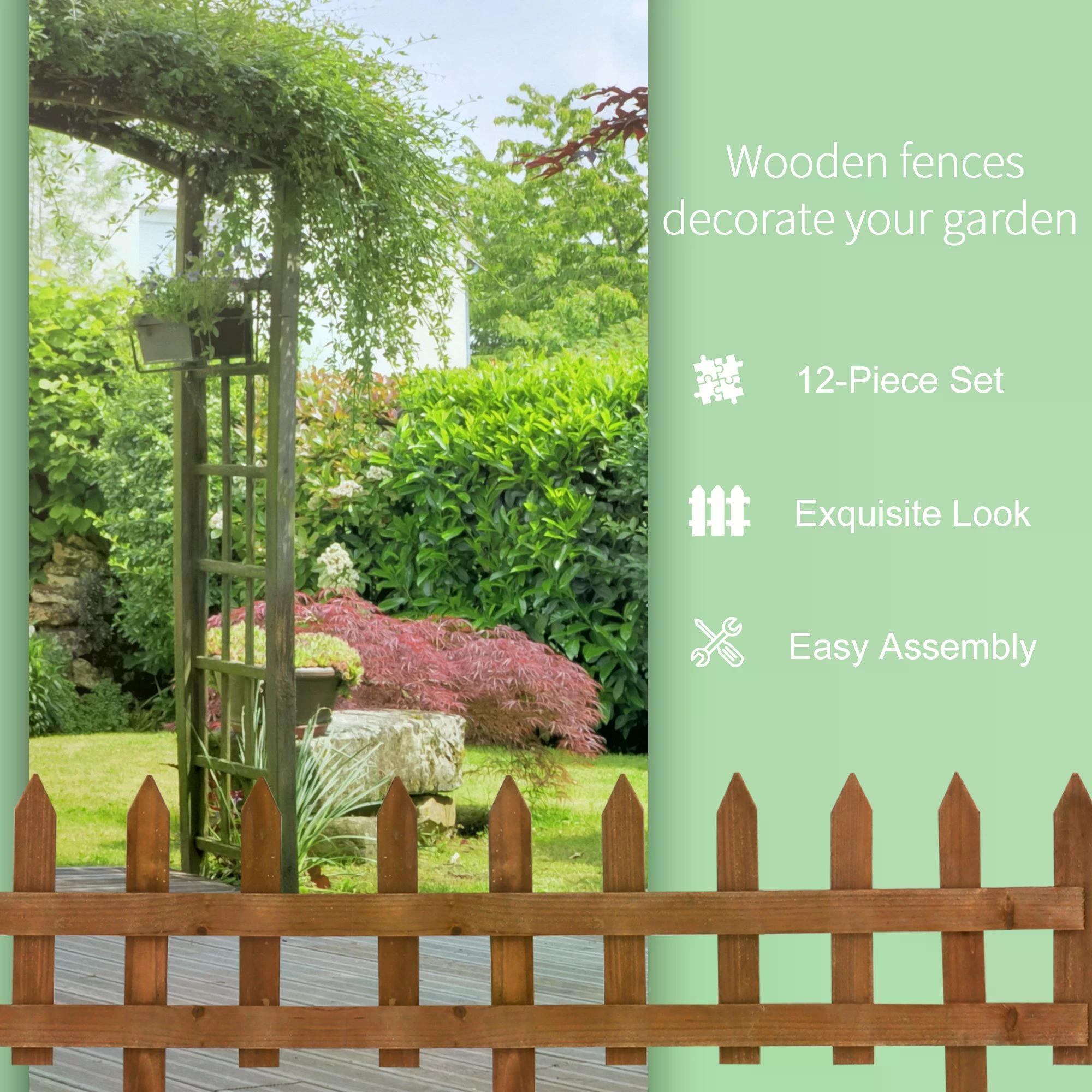 Outsunny Pack of 12 Wooden Border Fences, Garden Fixed Picket Fence for Lawn Edging, Flowerbed, 60L x 1D x 34H cm, Brown