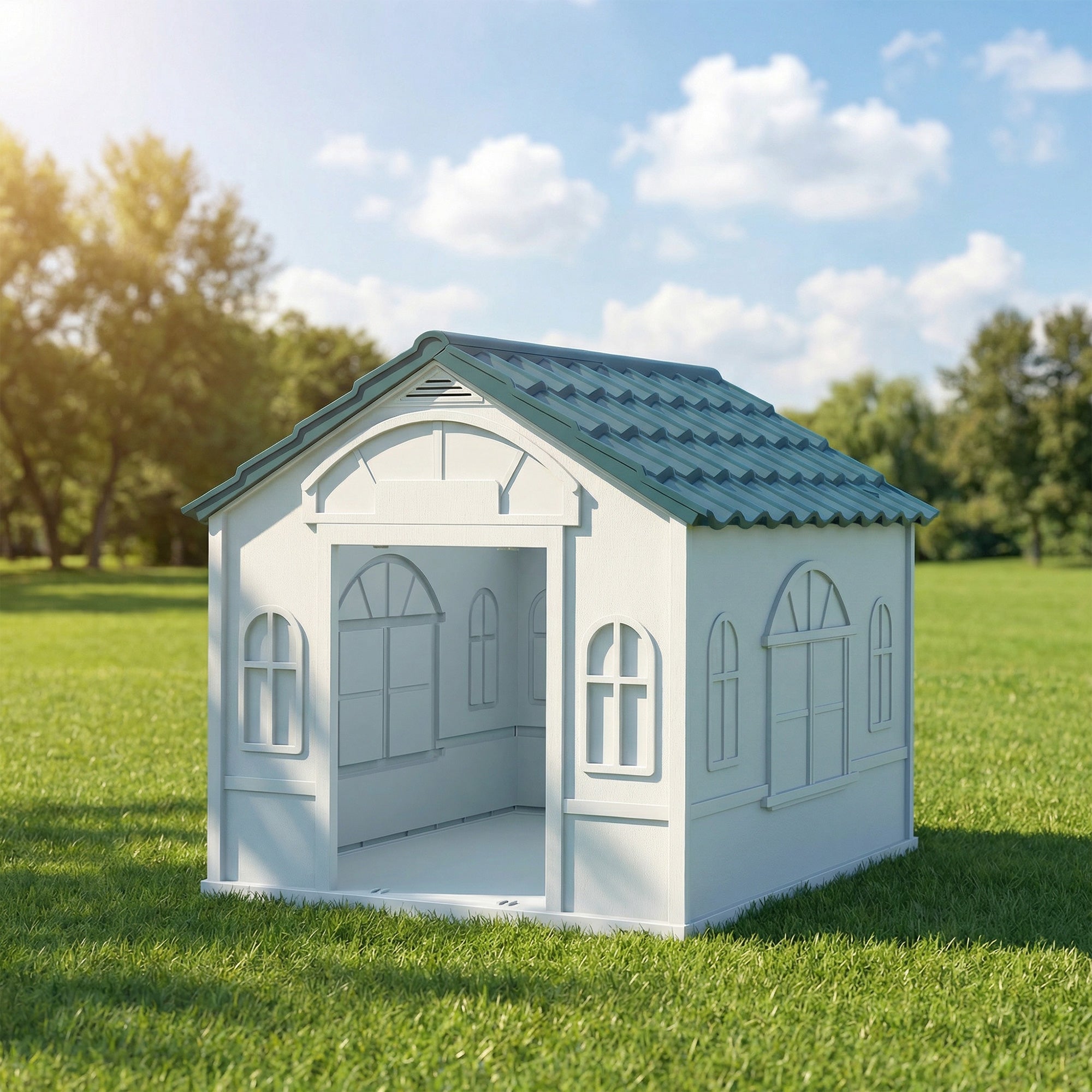 PawHut Plastic Weather-Resistant Dog House, for Indoors and Outdoors, Medium Dogs - White and Blue