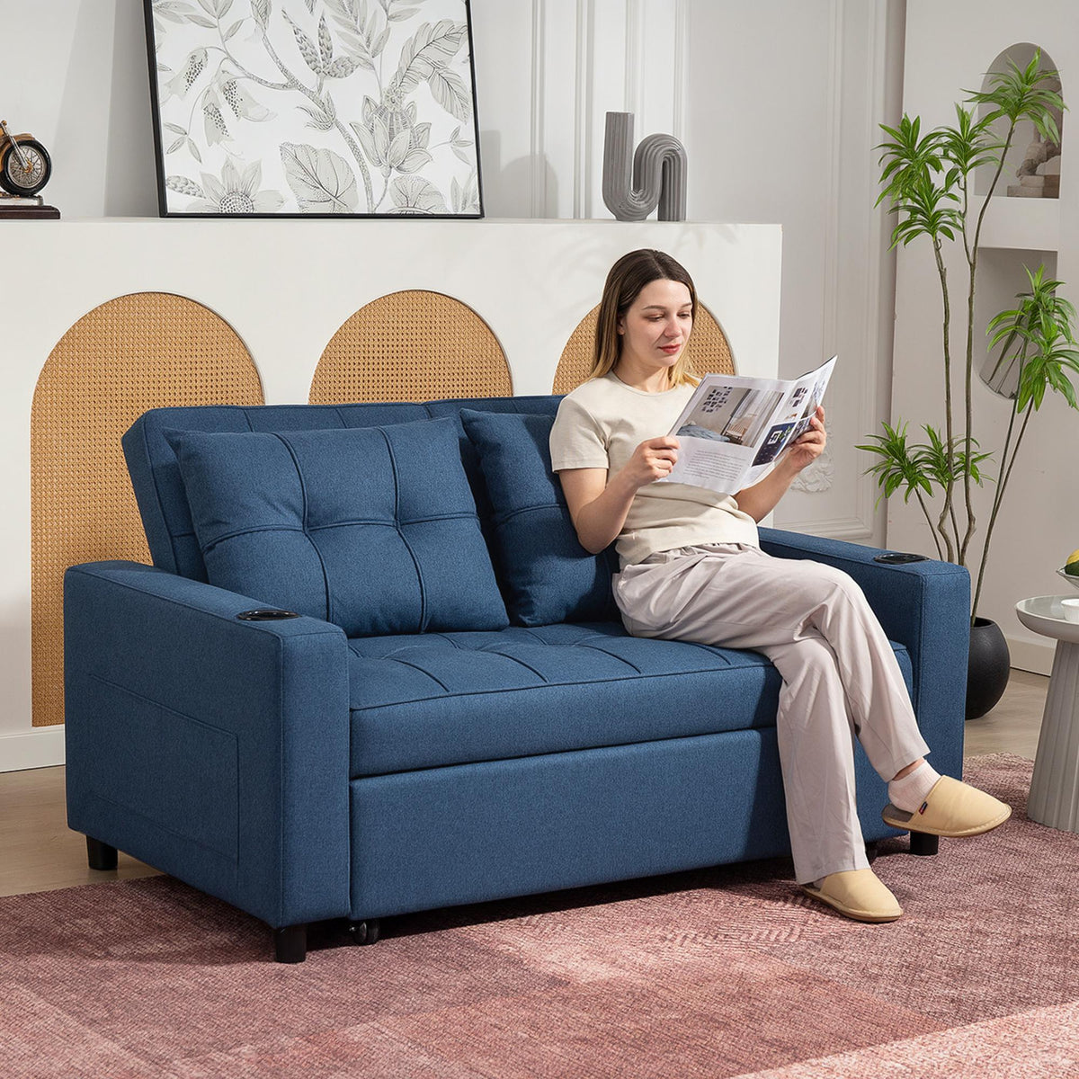 HOMCOM Two-Seater Pull-Out Sofa Bed - Dark Blue