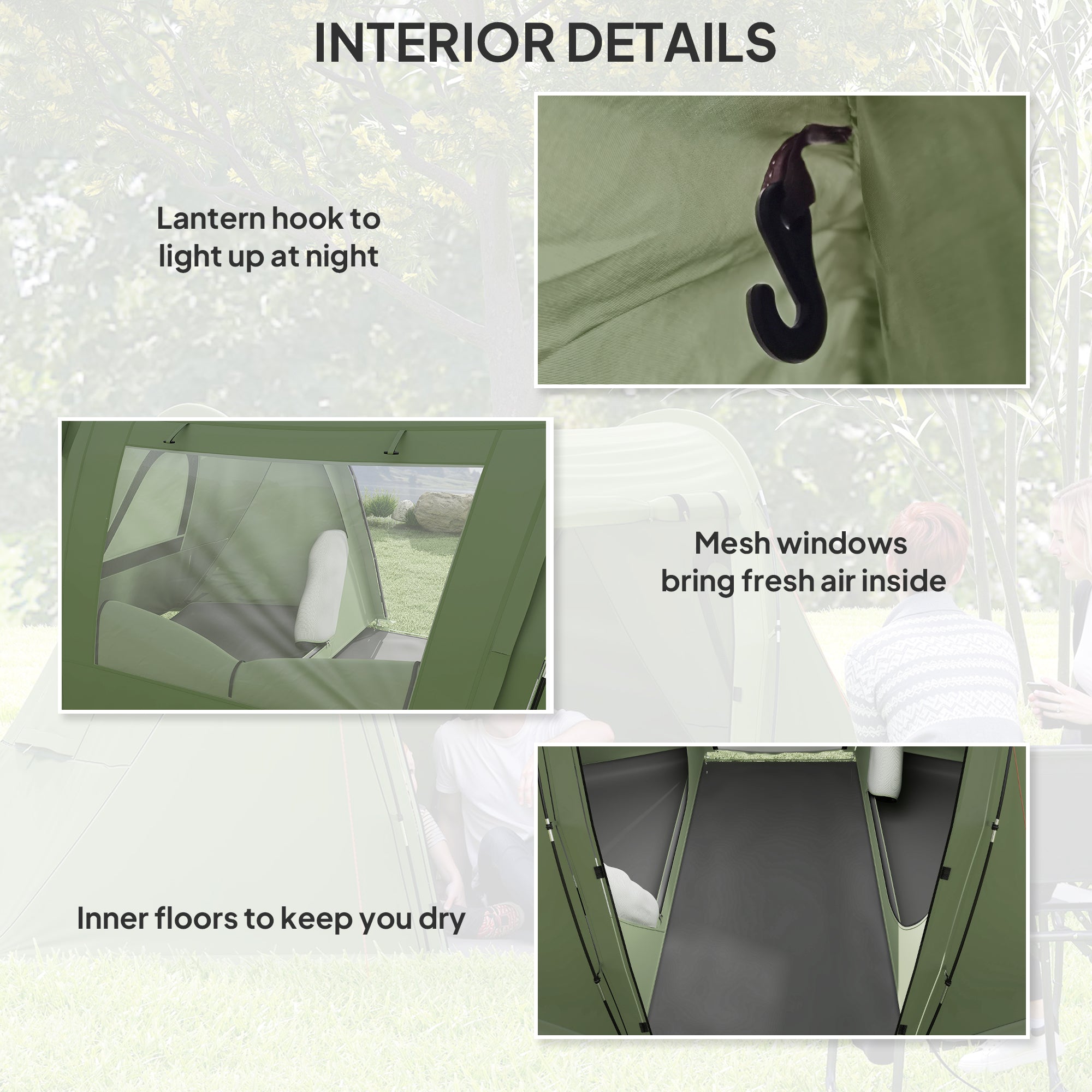 Outsunny 3 Man Camping Tent with Living Area and 2 Bedrooms, 3000mm Waterproof Family Tent with Sewn-in Groundsheet, Portable with Bag for Hiking, Festival, Backpacking, Green - North Peak Garden Furniture